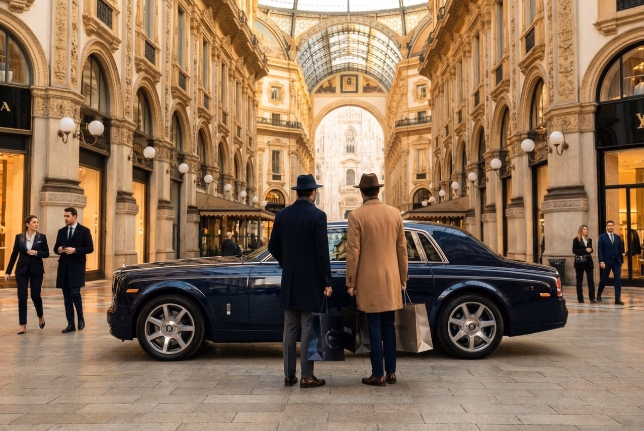Rolls-Royce bleu nuit dans la Galleria Vittorio Emanuele II à Milan, le Duomo cadré au fond de l'arcade — une arrivée en jet privé pendant la Fashion Week