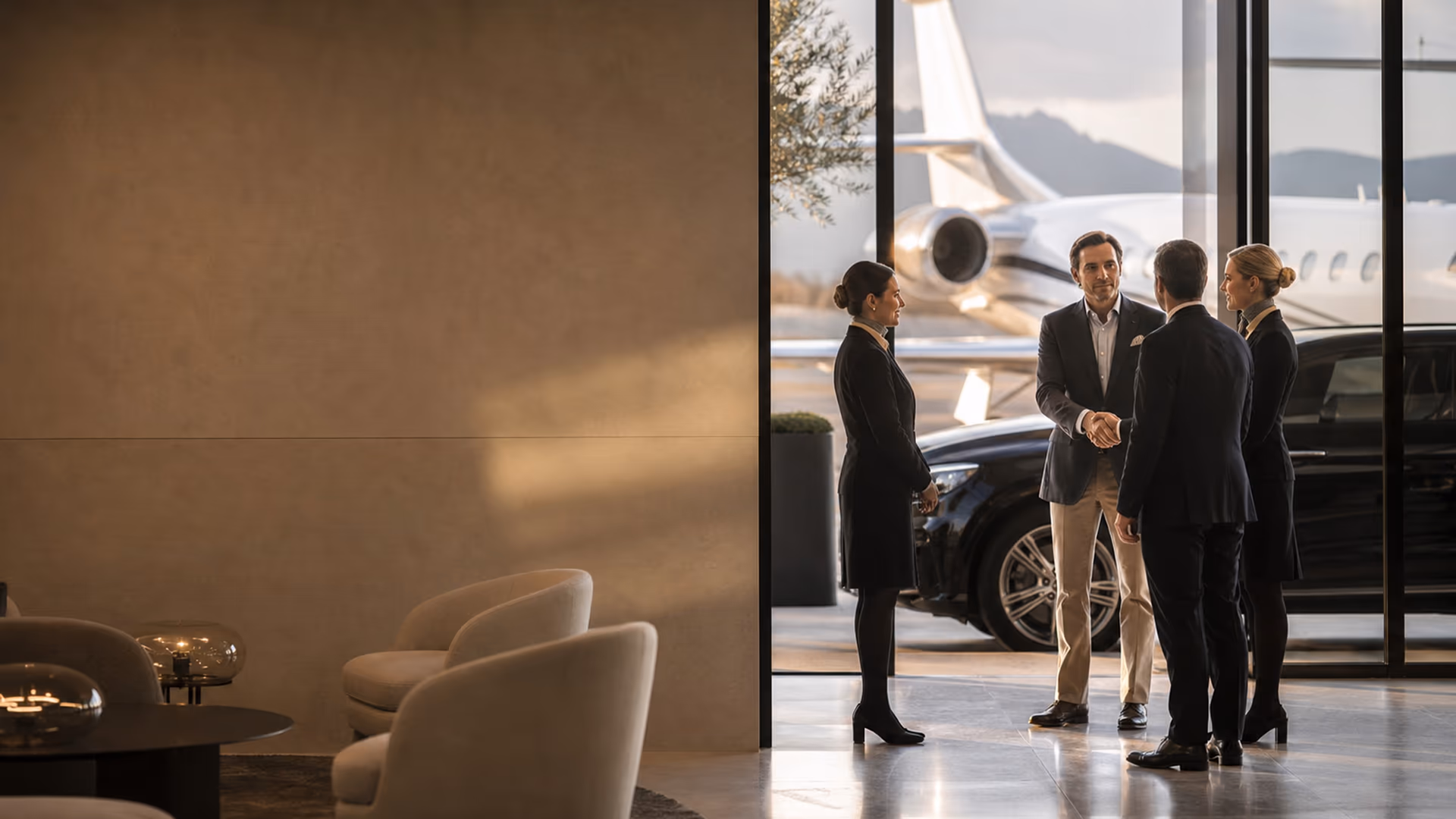 Luxury private jet on tarmac at sunset