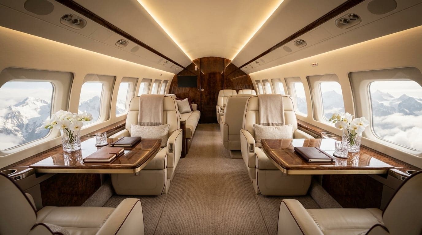 Bombardier Global 7500 private jet cabin interior — the ultra-long-range flagship with a true enclosed bedroom stateroom