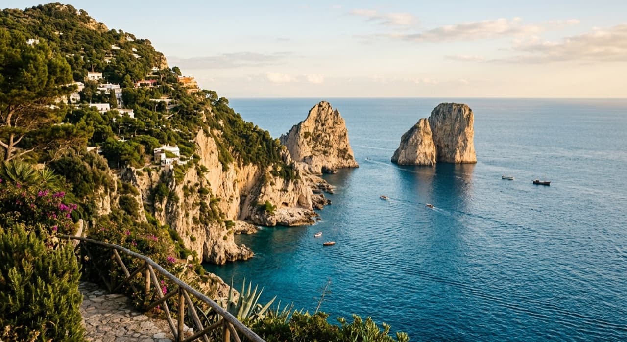 Capri Faraglioni sea stacks and turquoise coast at golden hour, boats below the cliffs — private jet gateway via Naples