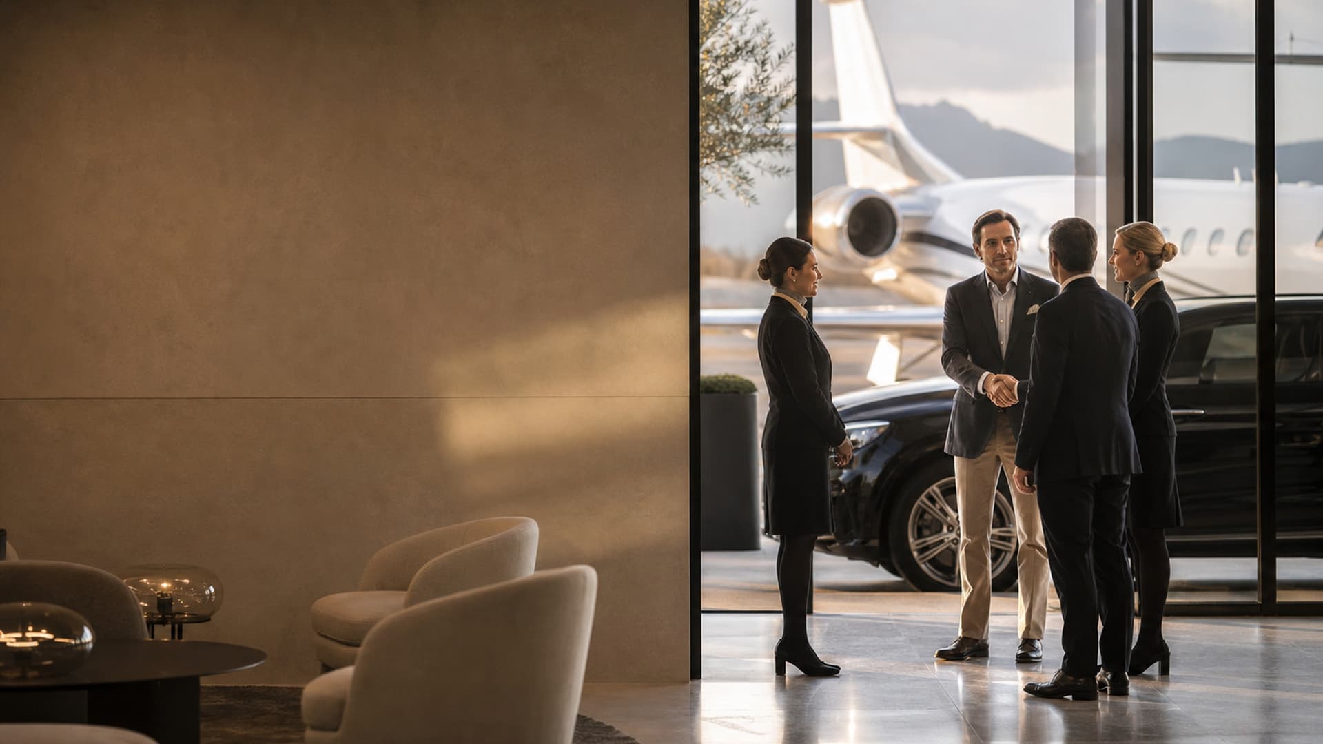Luxury private jet on tarmac at sunset