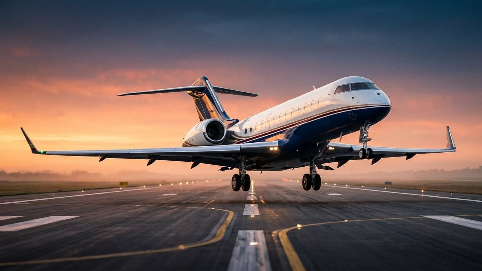 Luxus-Privatjet auf dem Rollfeld bei Sonnenuntergang