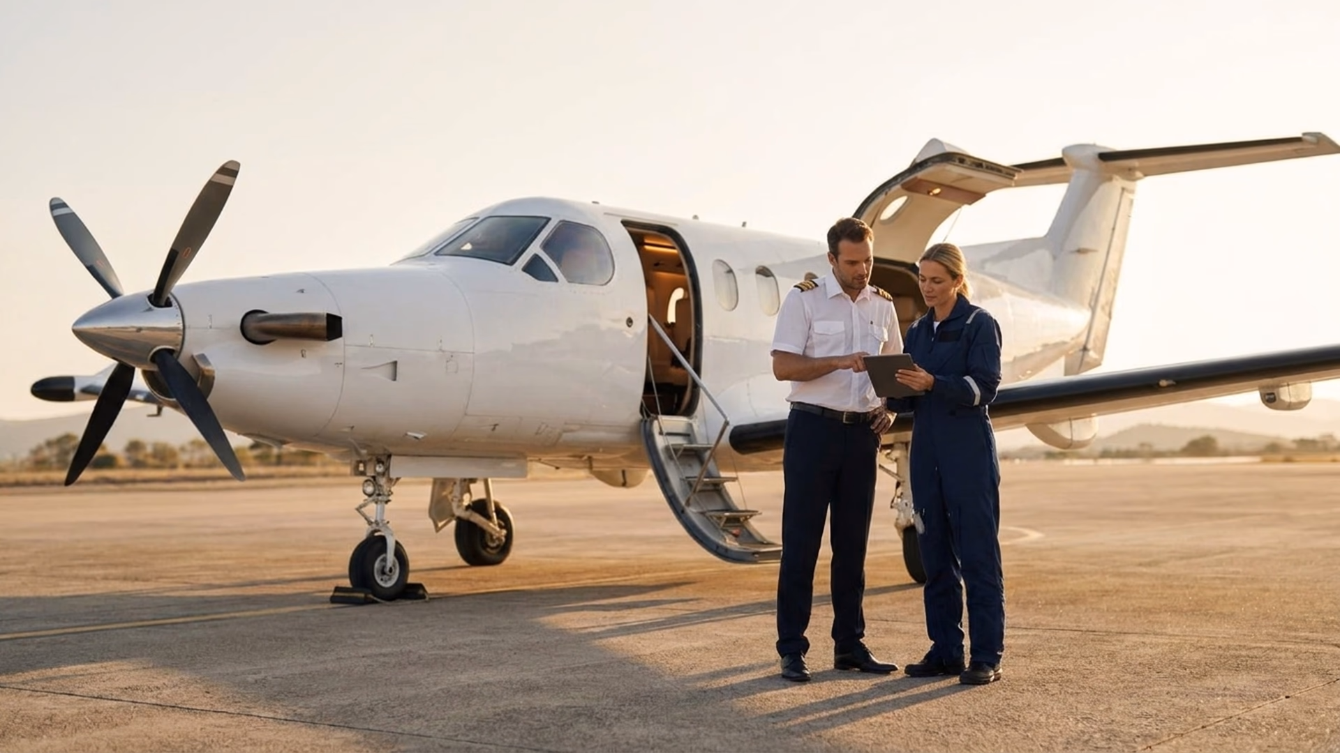Pilot and flight nurse reviewing a tablet beside a medical turboprop at golden hour