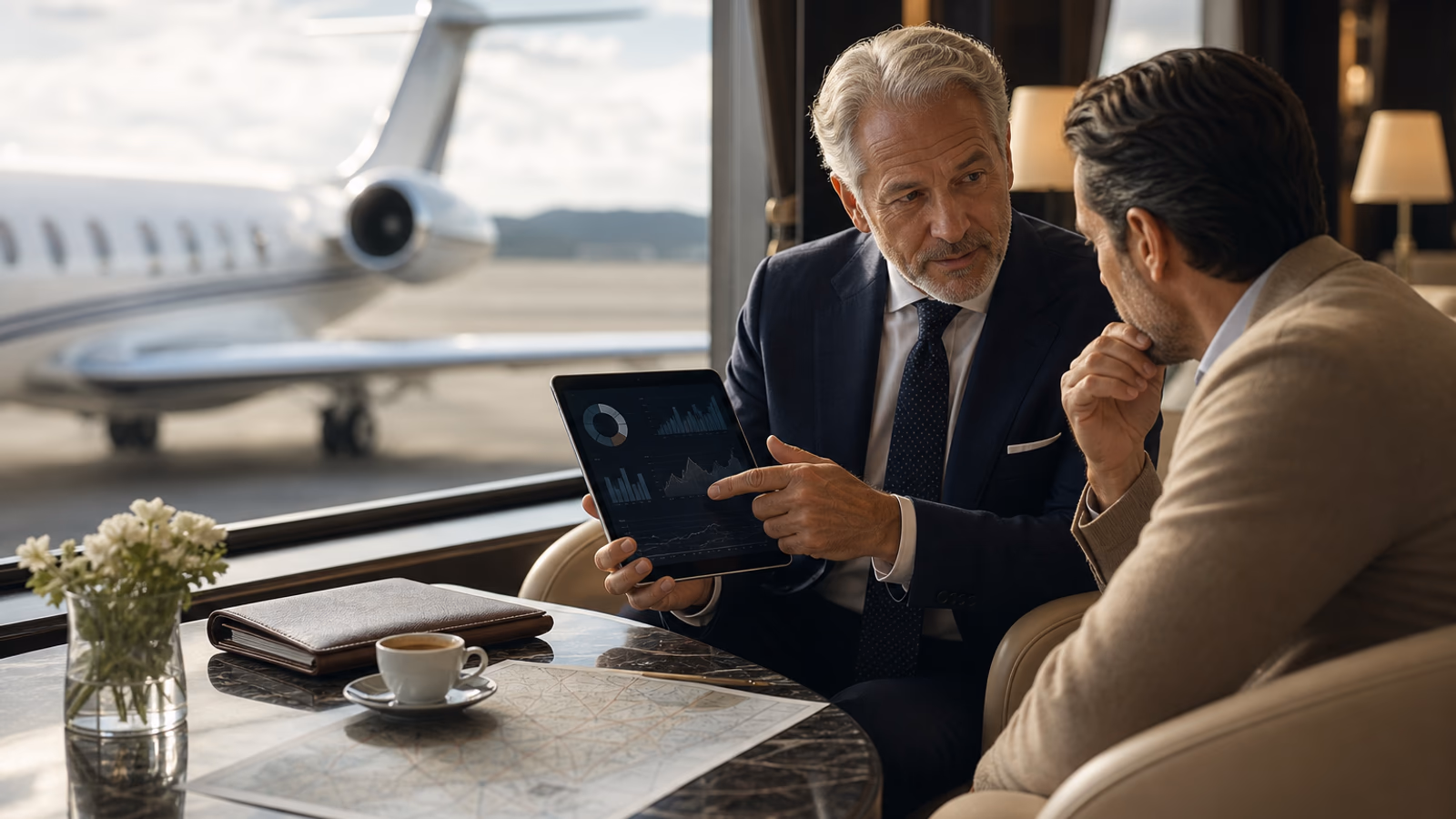 Cabine de jet privé — visuel de l’étude Cost Index Flyius