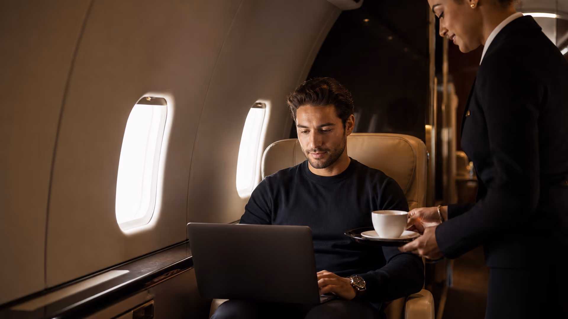 Luxury private jet cabin - Premium interior with leather seats and entertainment systems