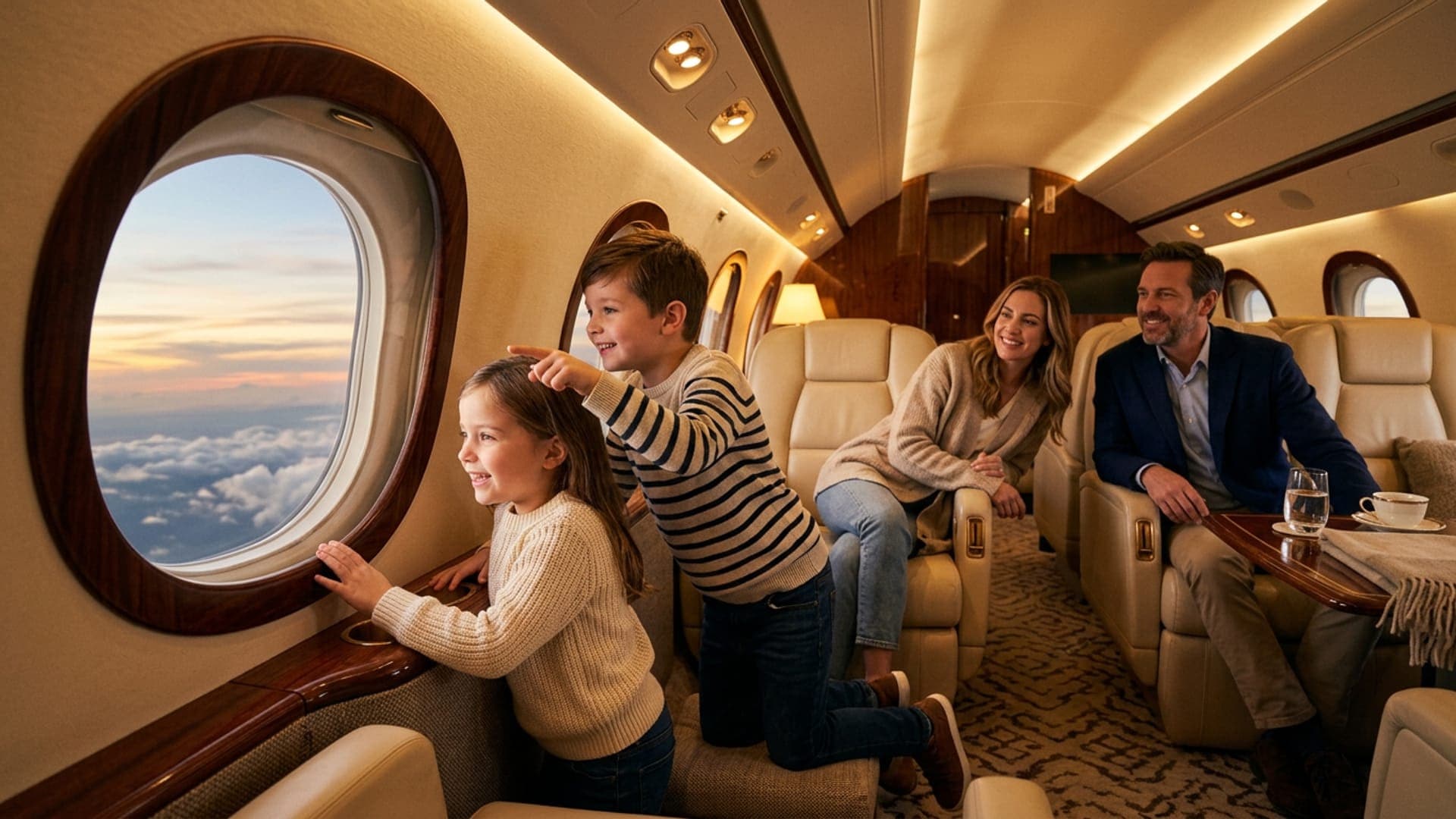 Famille heureuse avec enfants embarquant dans un jet privé au soleil