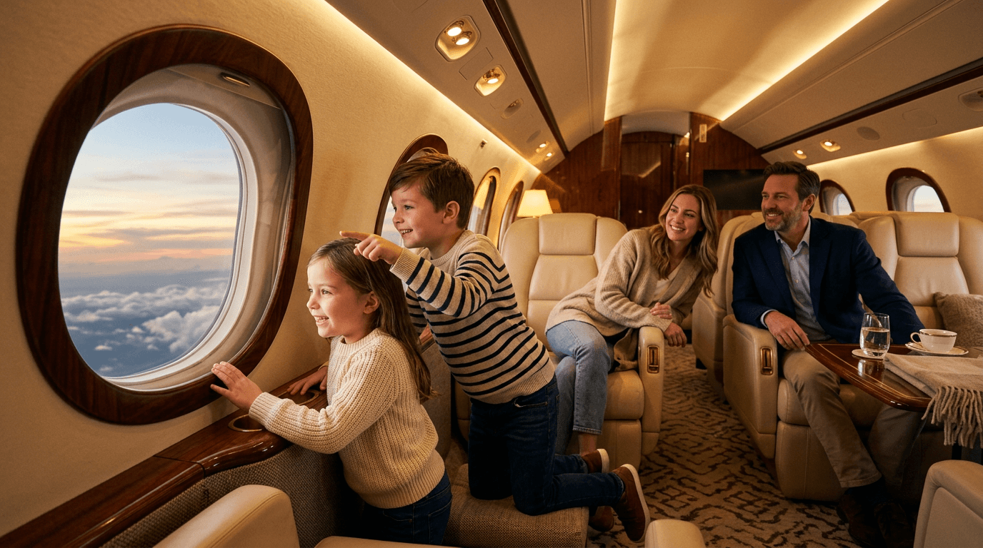 Glückliche Familie mit Kindern beim Einsteigen in einen Privatjet in der Sonne