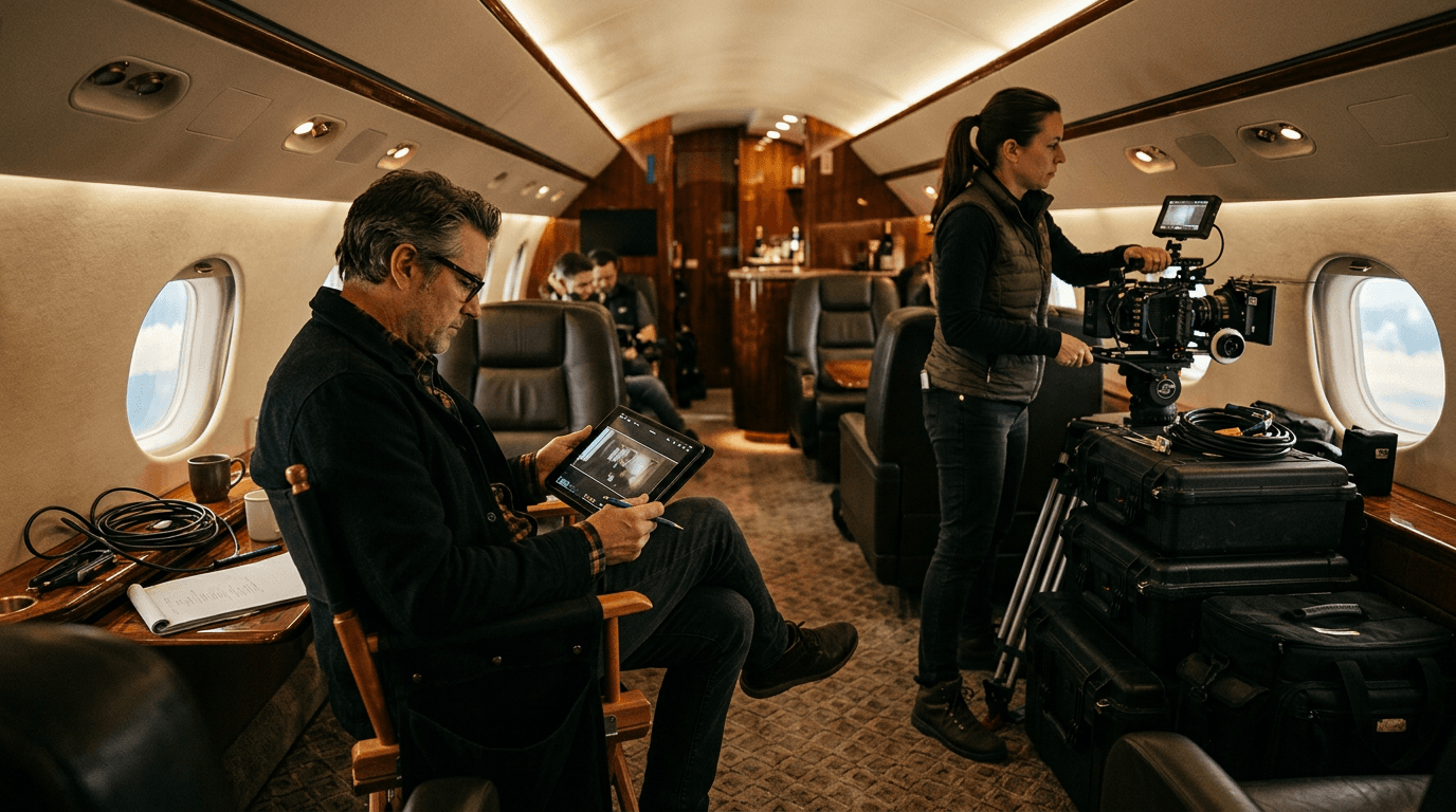 Film director and camera crew working inside a private jet
