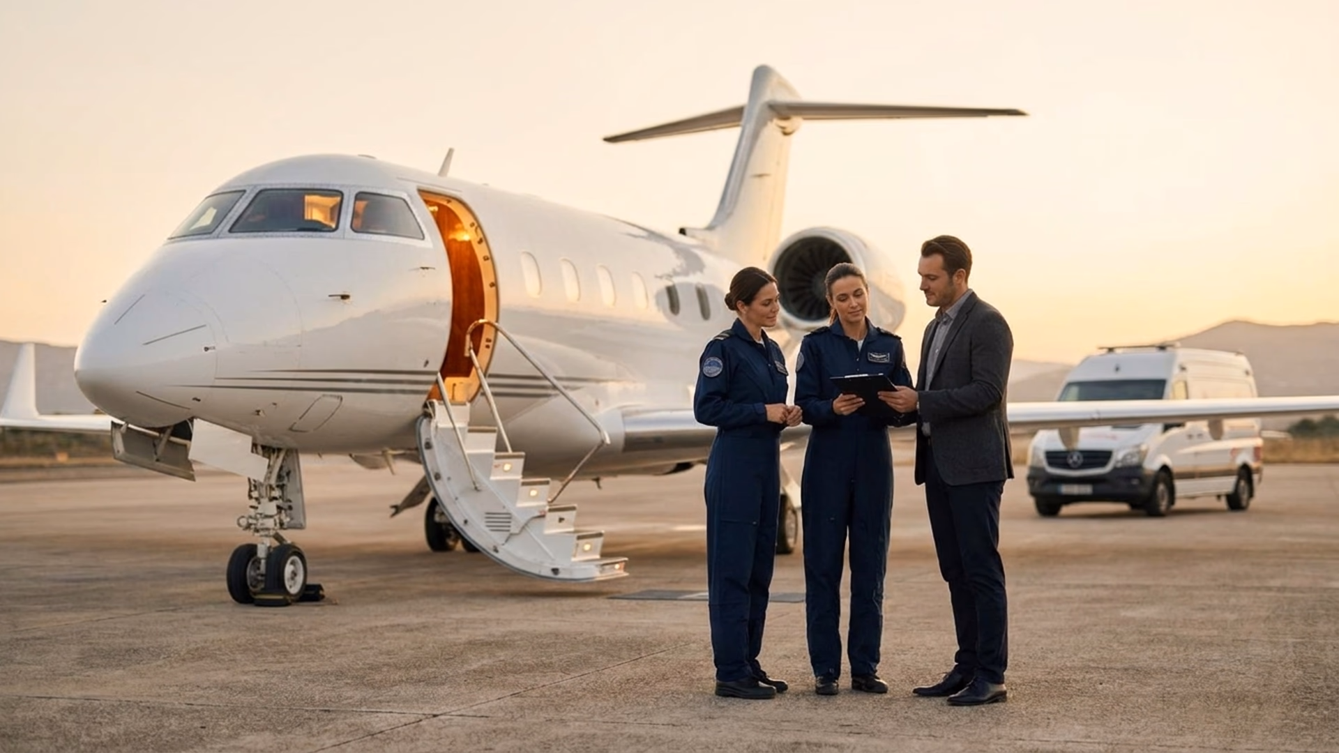 Flight nurses and a coordinator reviewing a checklist beside a medical jet at golden hour