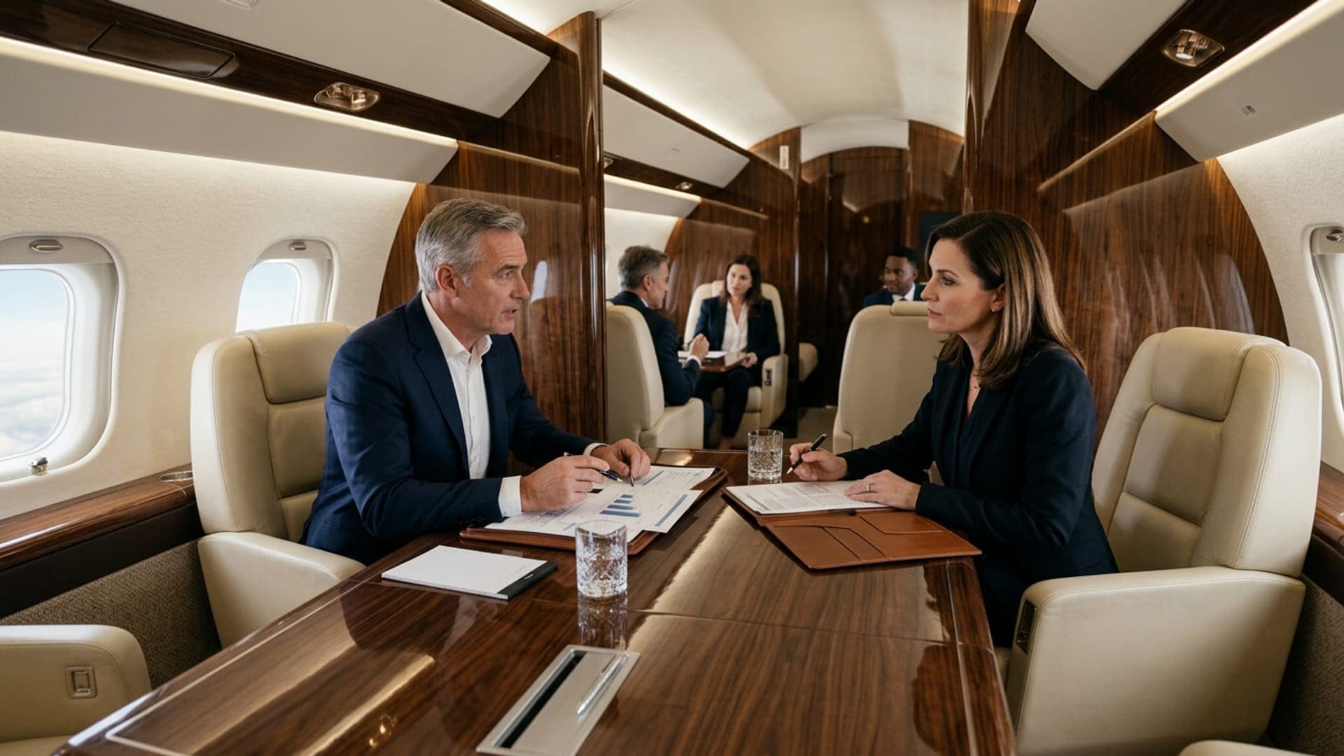 Business executives in a meeting on board a private jet