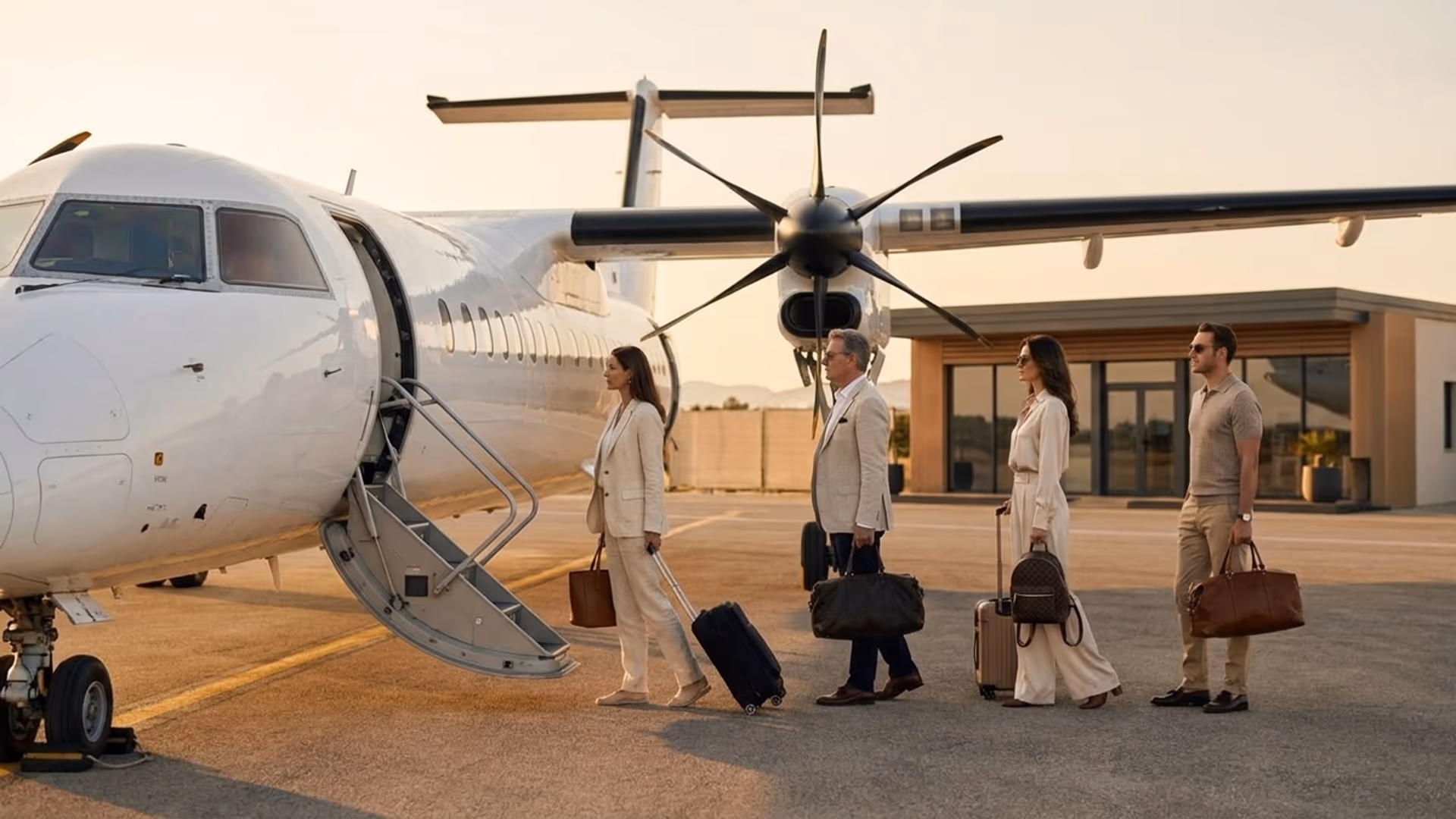 Individual passengers queueing to board a regional turboprop at a private terminal