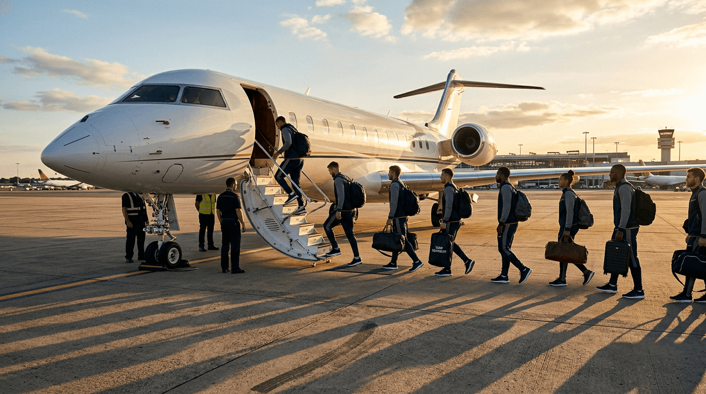 Sportteam beim Einsteigen in einen Privatjet bei Sonnenuntergang