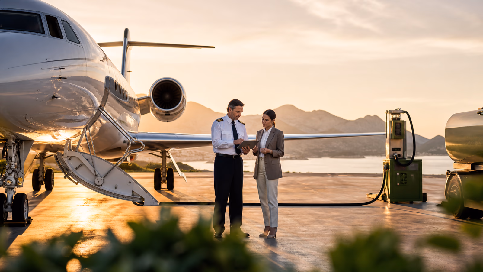 Вид из иллюминатора частного самолёта на зелёные горы и леса
