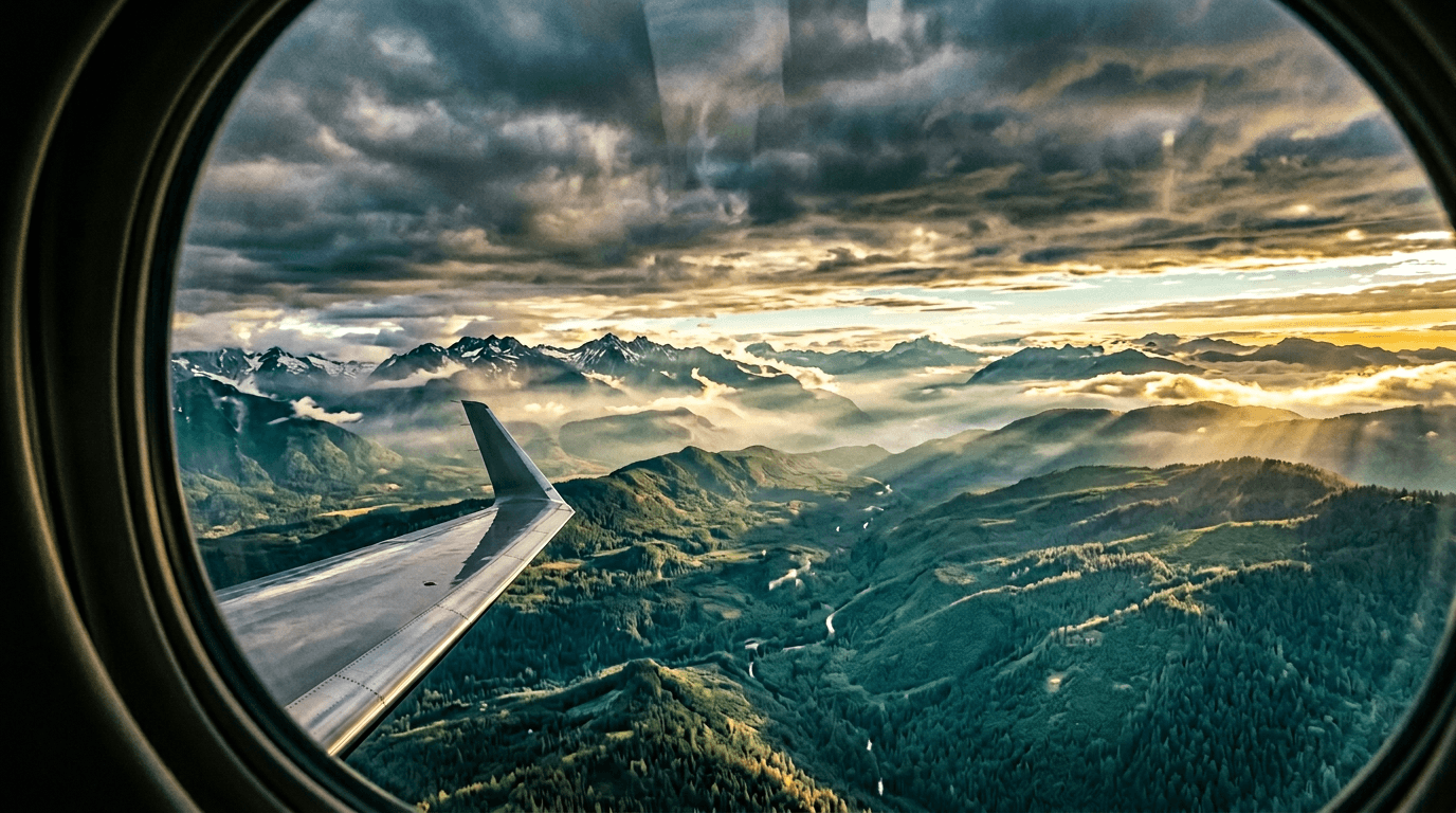 Vista desde la ventanilla de un jet privado sobre montañas y bosques verdes