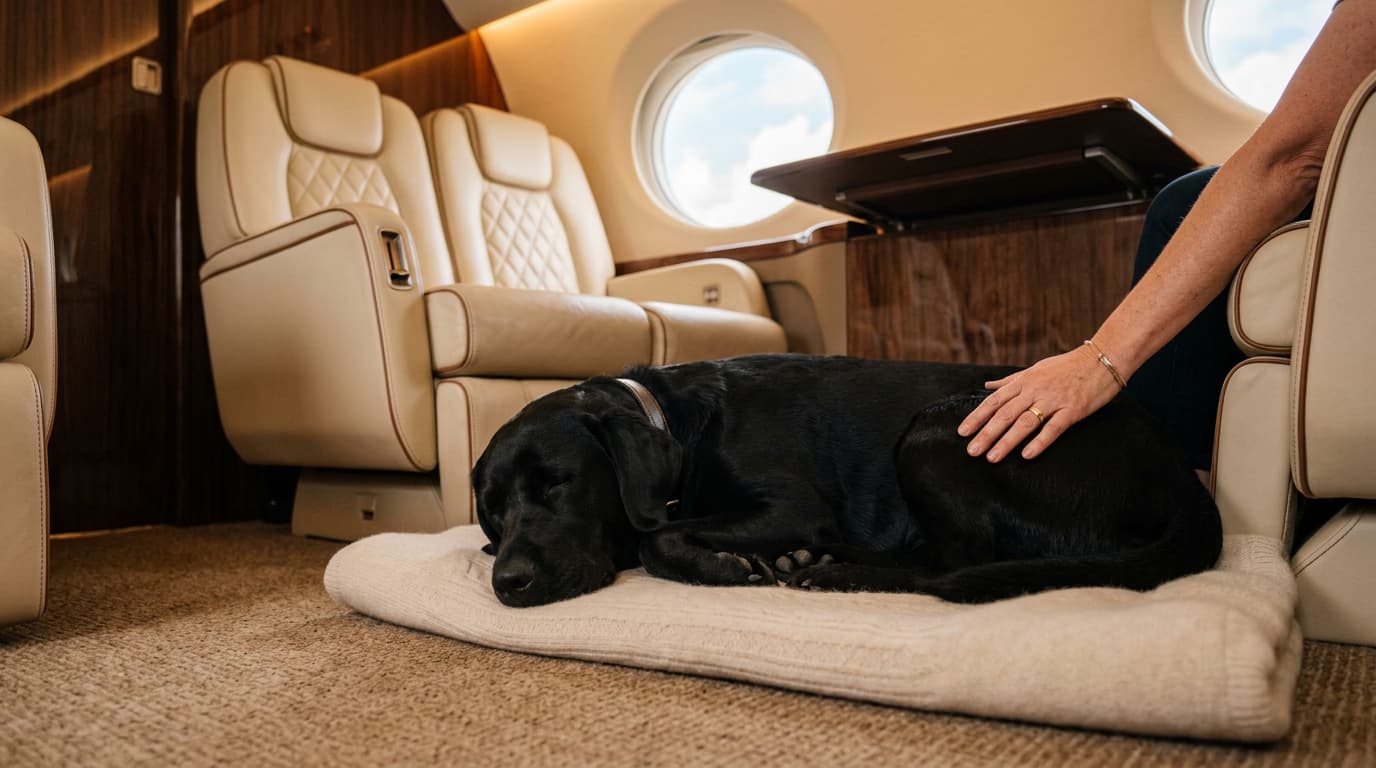 Dog comfortably seated in luxury jet cabin alongside owner