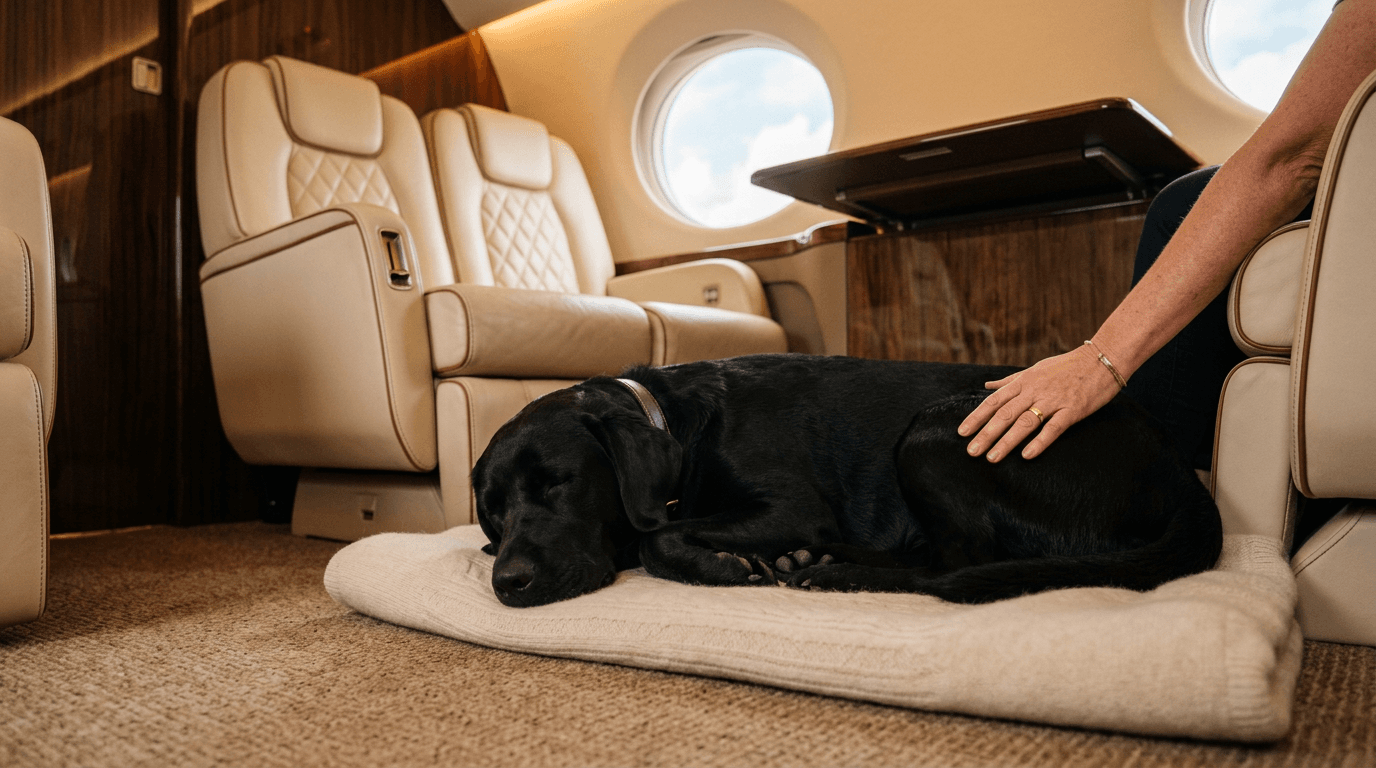 Dog comfortably seated in luxury jet cabin alongside owner