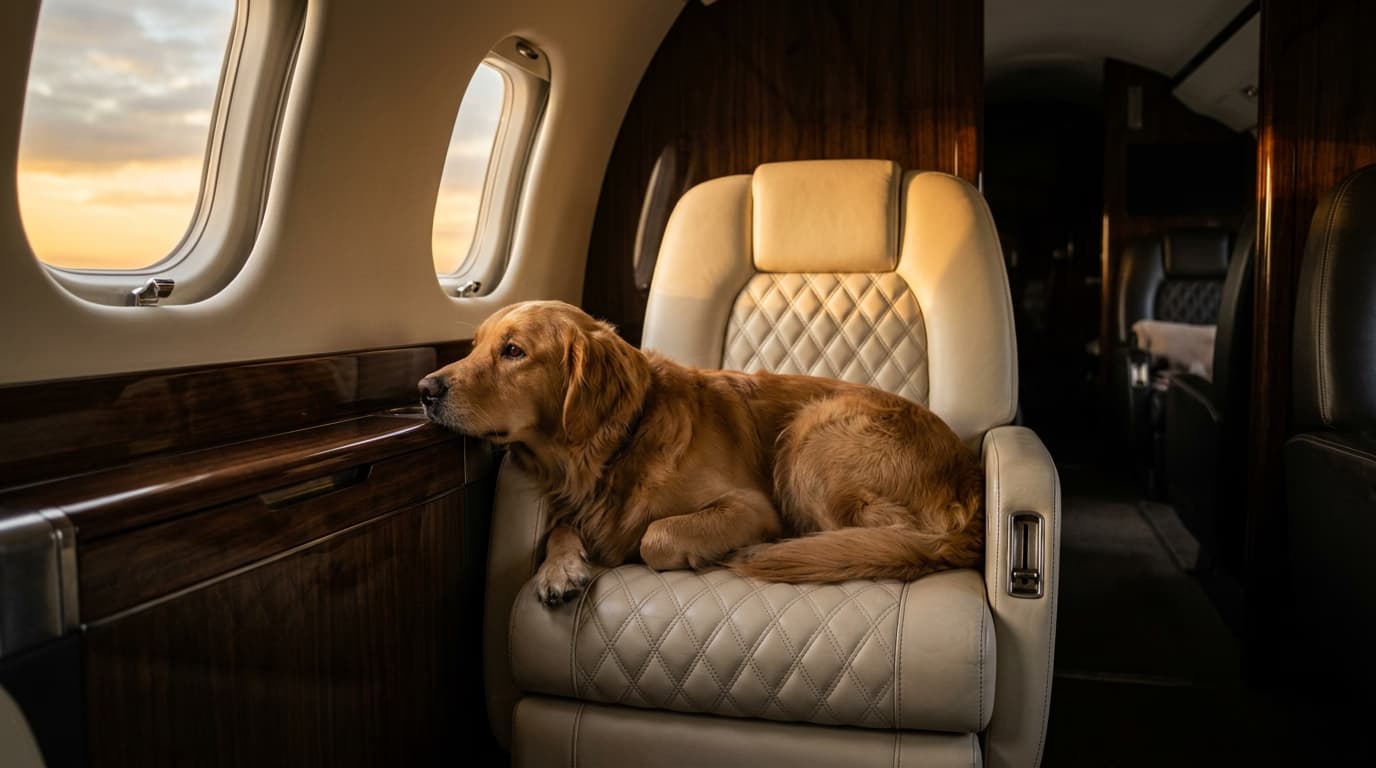 Dog relaxing comfortably in a private jet cabin