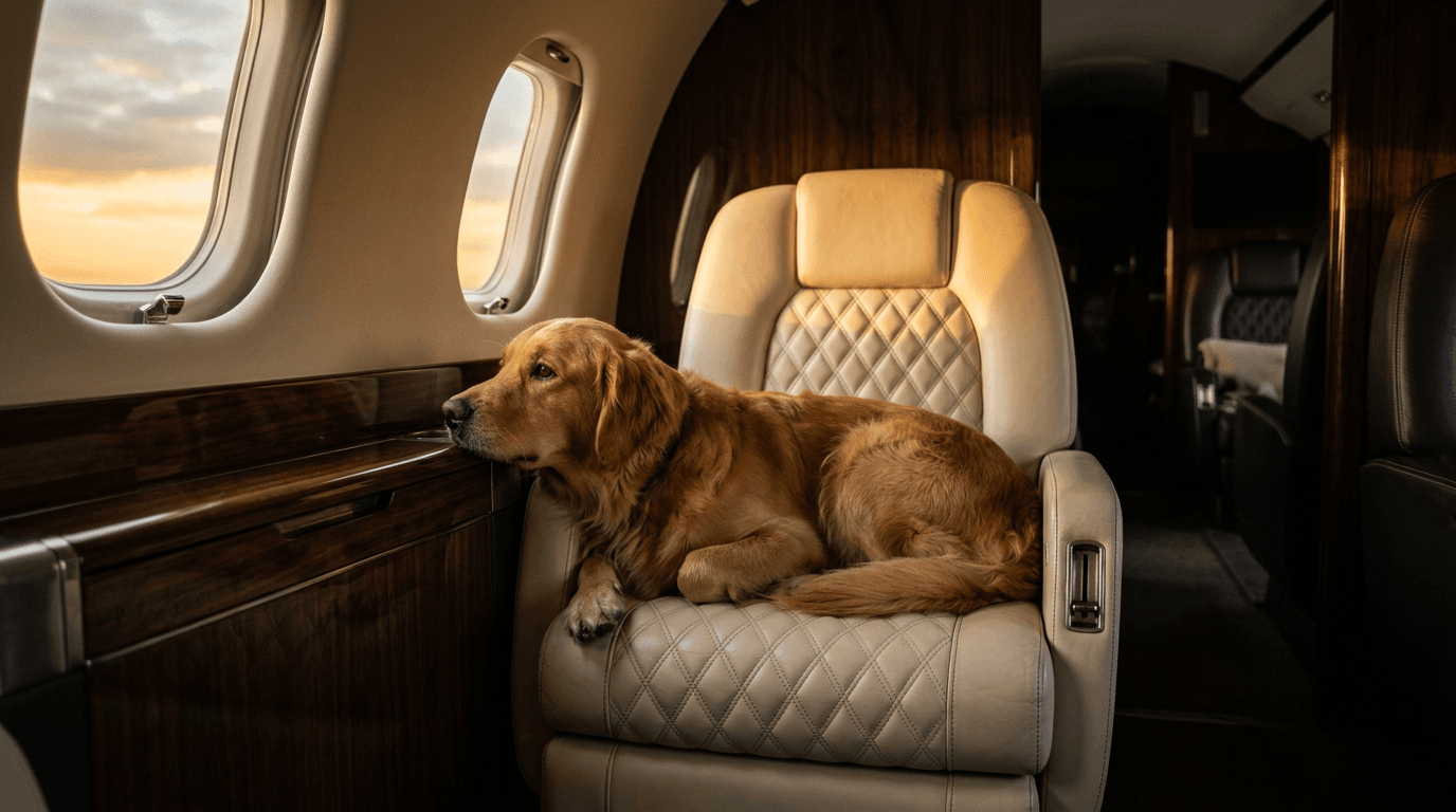 Собака отдыхает в салоне частного самолёта