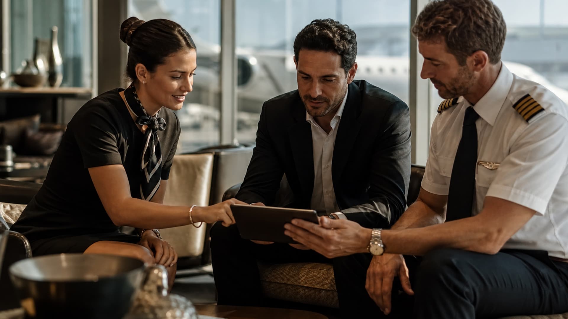 Flyius team collaboration in luxury FBO lounge