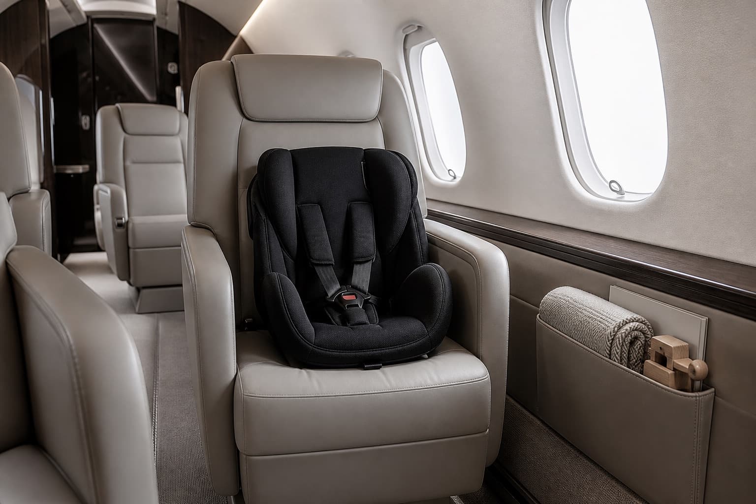 Cabine spacieuse de jet privé préparée pour un voyage en famille