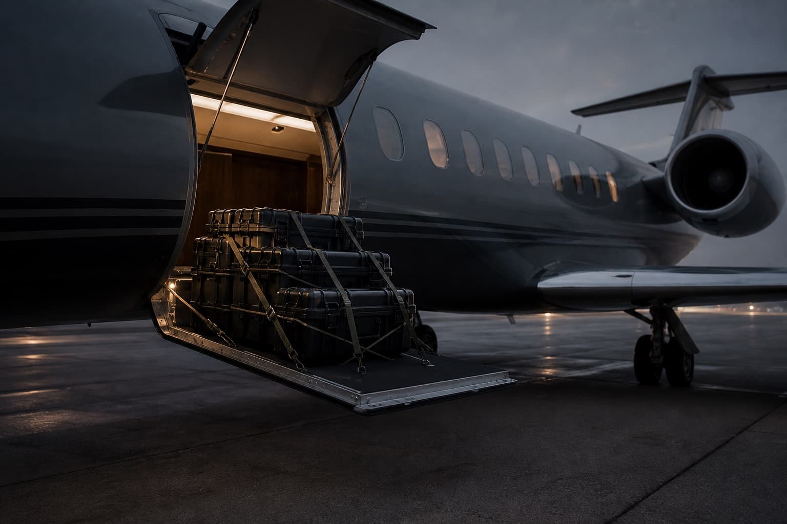 Equipo de rodaje cargando maletas de cámara en la cabina de un jet privado