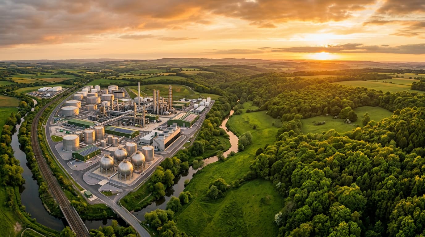 Aerial view of SAF biofuel refinery surrounded by green forest at golden hour