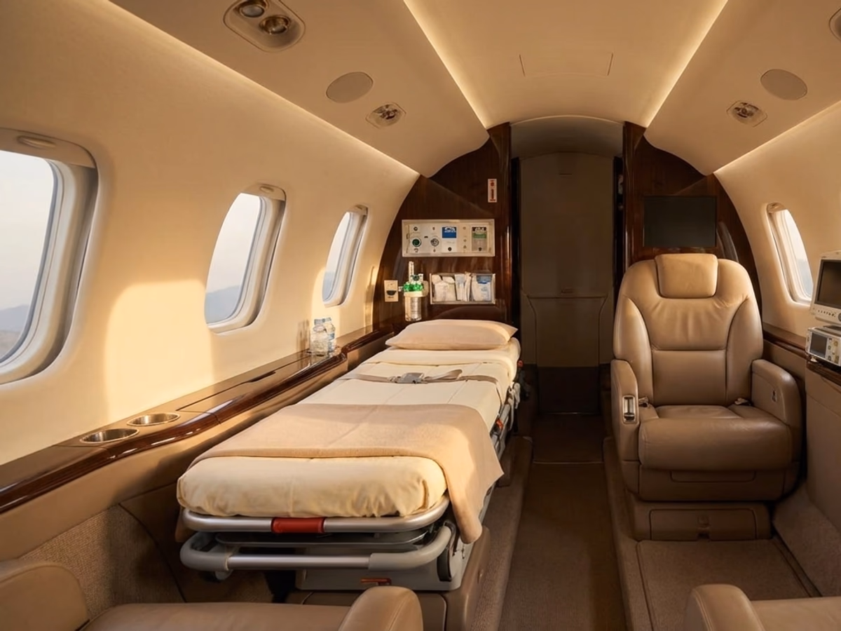 Equipped air-ambulance cabin with installed stretcher bed and monitoring, no patient aboard