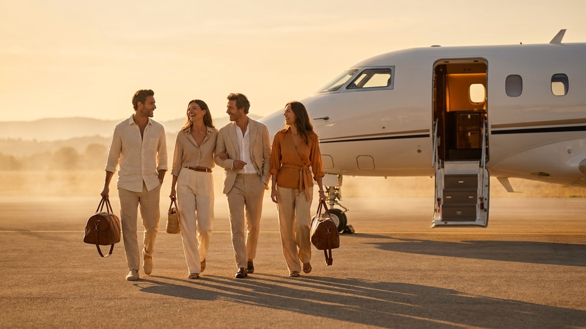 Vier Freunde gehen gemeinsam im goldenen Licht zu einem ganzen Privatjet