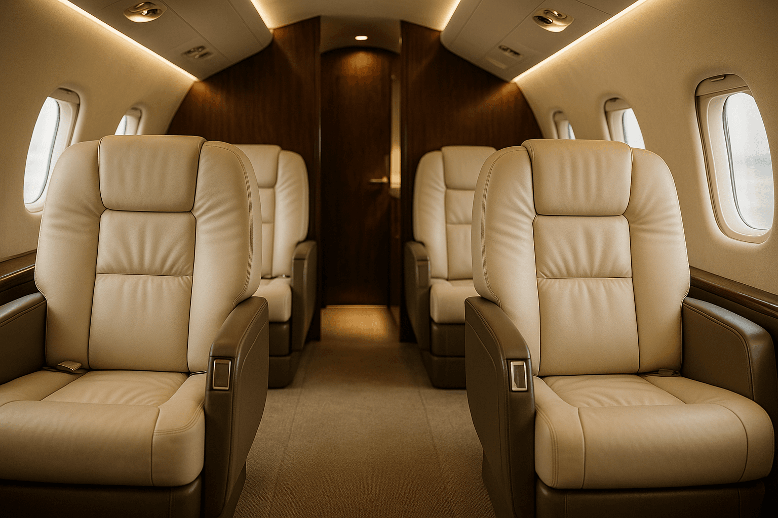 Private jet cabin interior with an enclosed aft lavatory door — do private jets have bathrooms, by aircraft size
