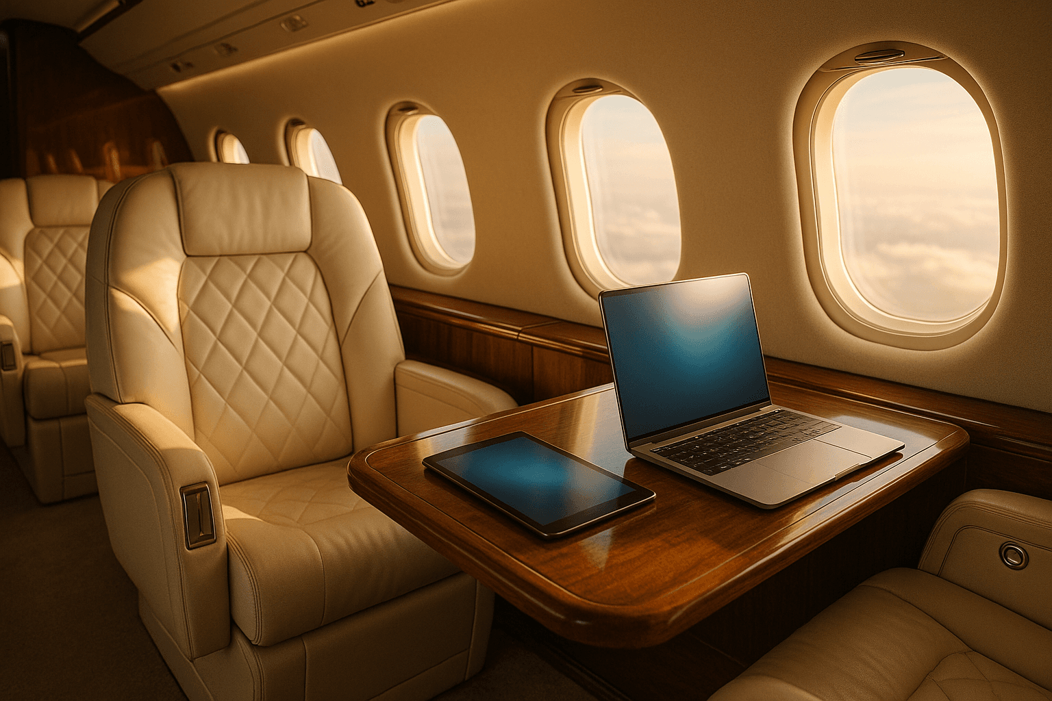 Private jet cabin at golden hour with a laptop and tablet connected to onboard WiFi on a walnut table