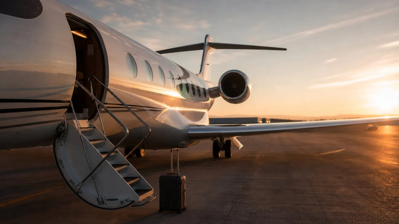 Empty private jet waiting at sunset with open cabin door and a single suitcase by the stairs