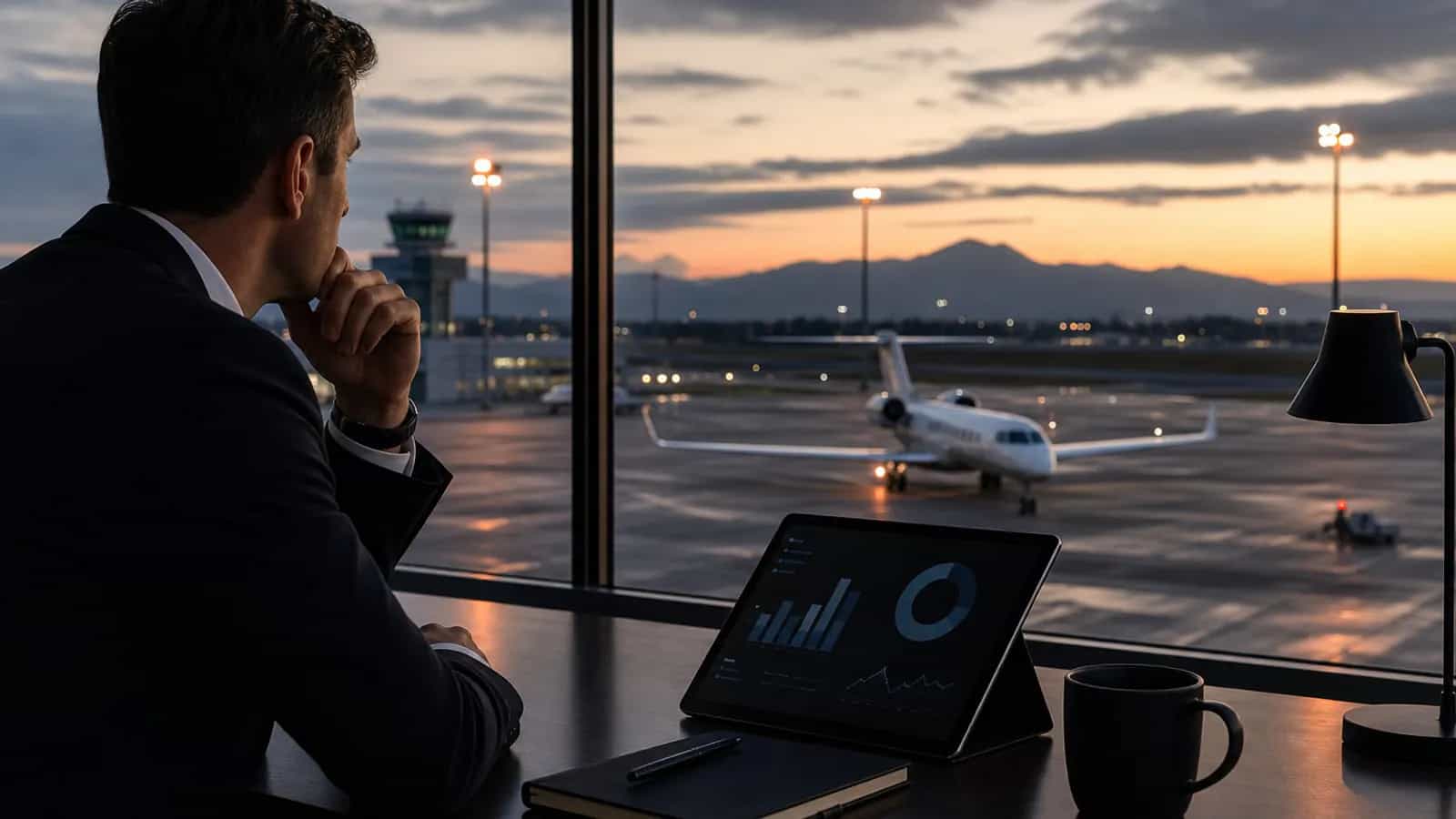 Business aviation market analyst reviewing European private jet traffic and pricing data at an airport