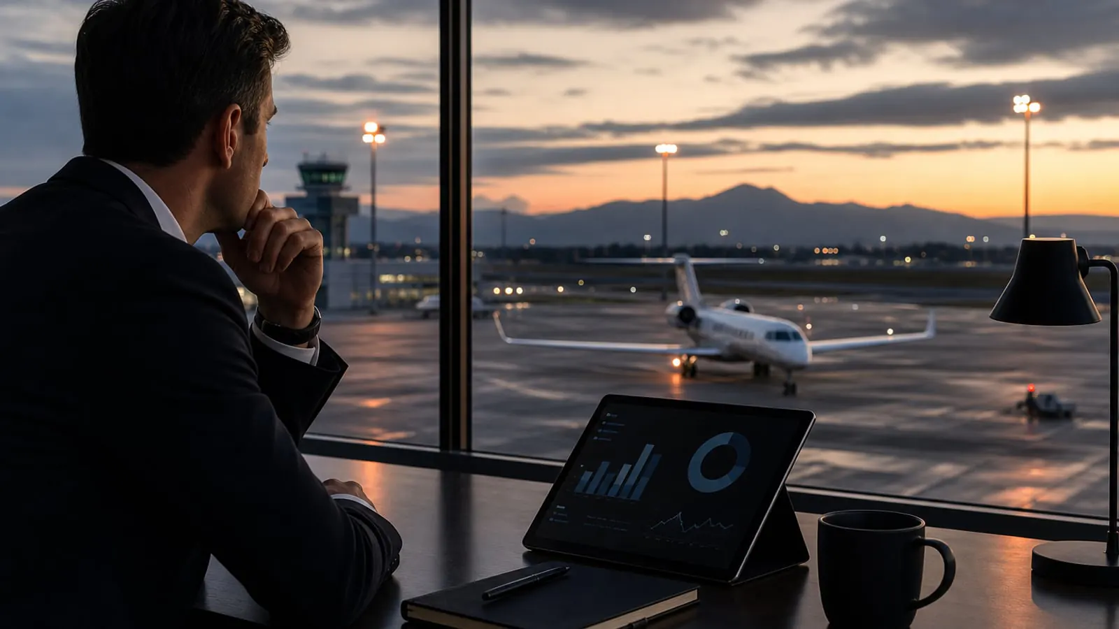 Business aviation market analyst reviewing European private jet traffic and pricing data at an airport