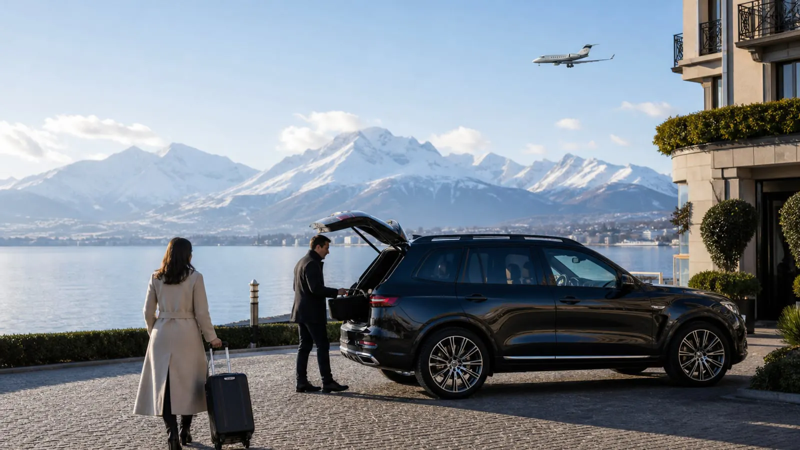 Geneva lakeside luxury transfer with snowy Alpine mountains and a private aircraft overhead