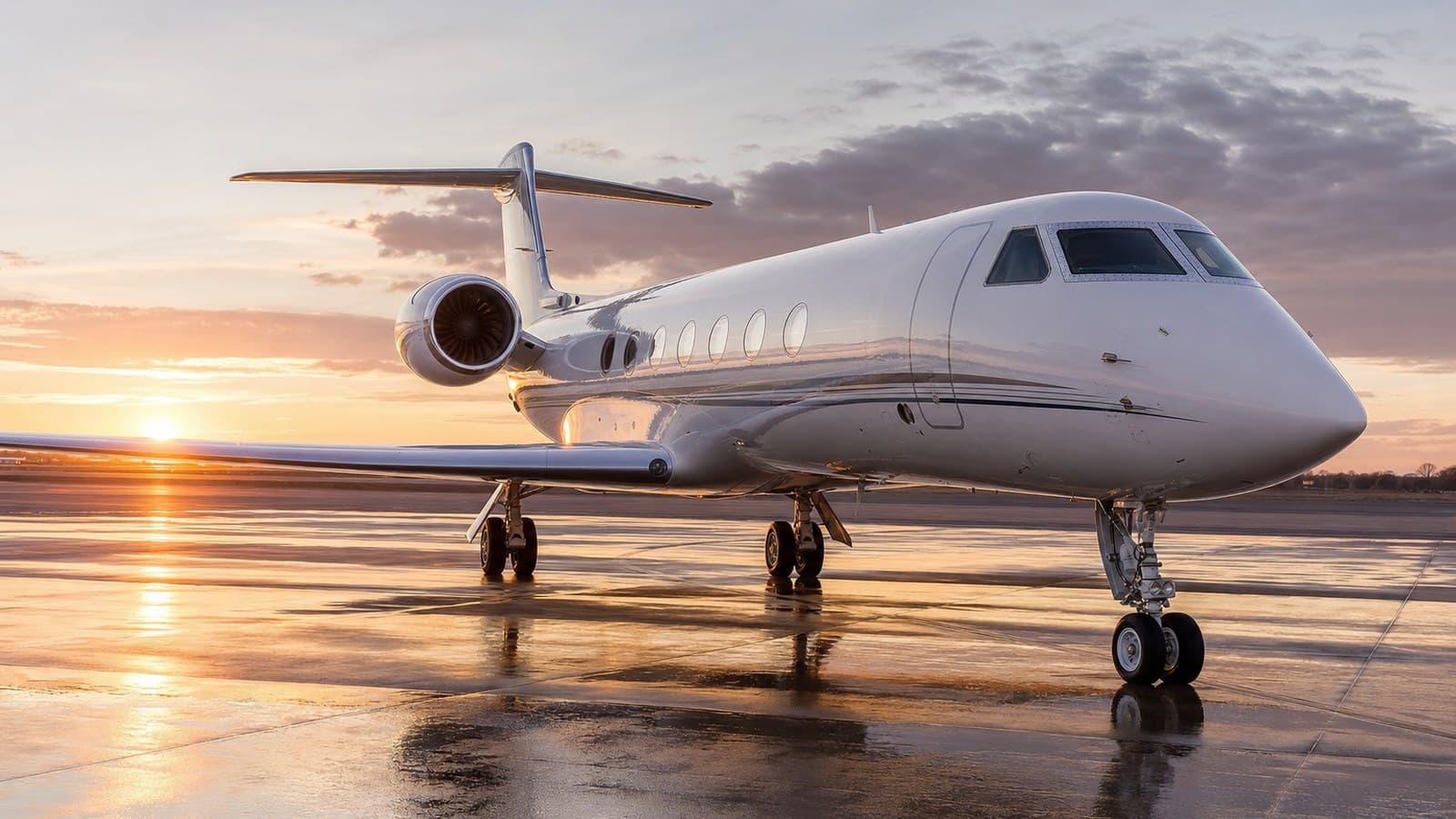 Gulfstream-style large private jet on an FBO apron at golden hour — Gulfstream private jet charter cost by cabin and range