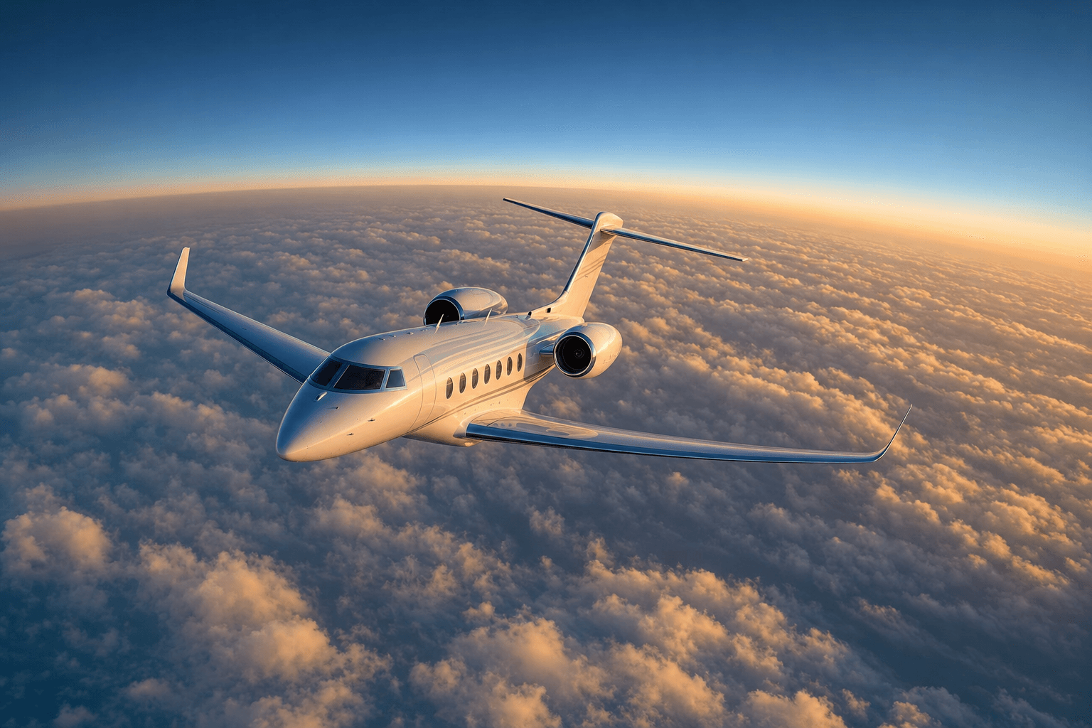 Private jet cruising above golden-hour clouds at high altitude, illustrating long-range non-stop private jet travel and range