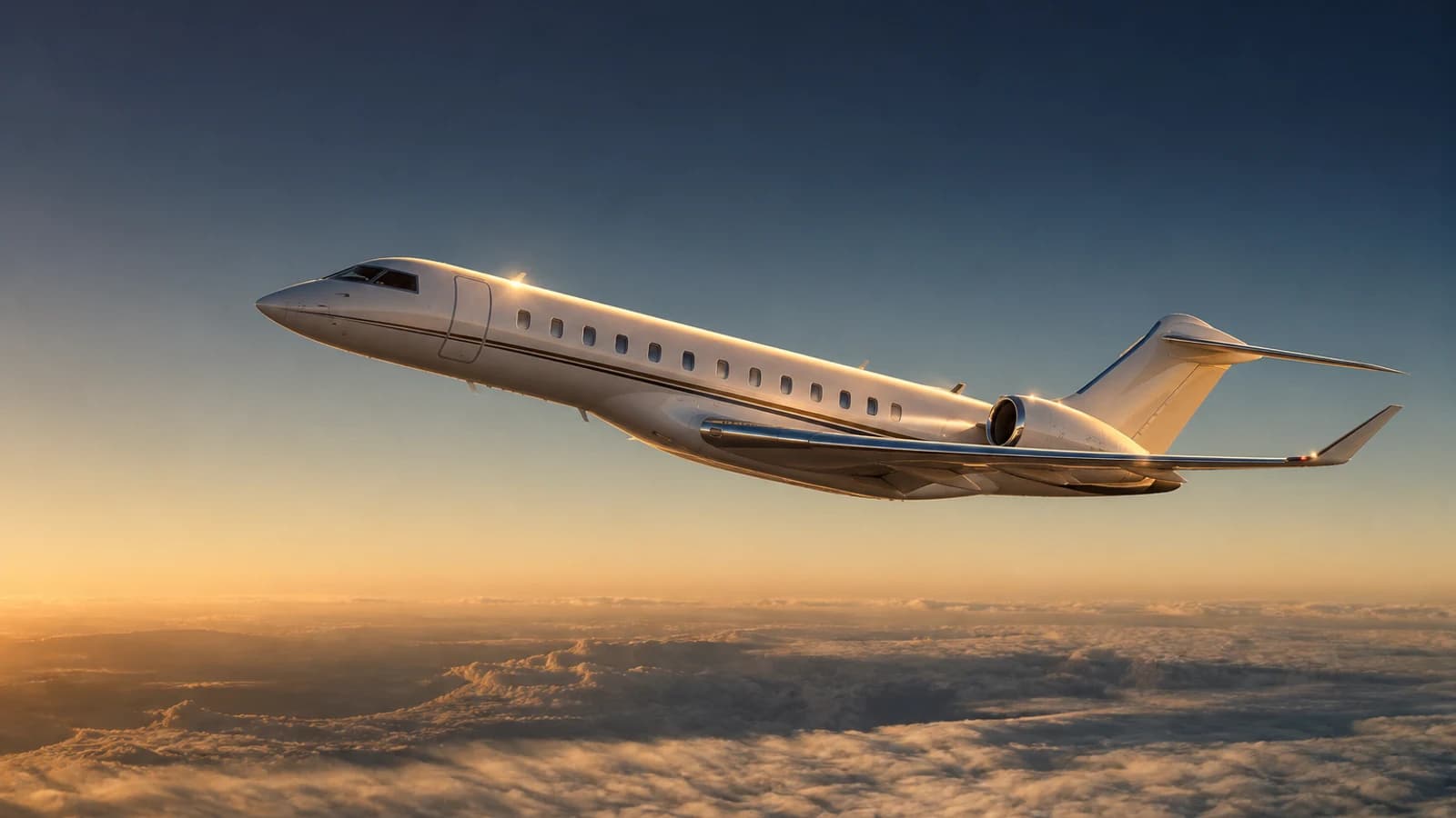 Sleek private jet climbing above a golden cloud layer at speed, illustrating private jet cruising performance