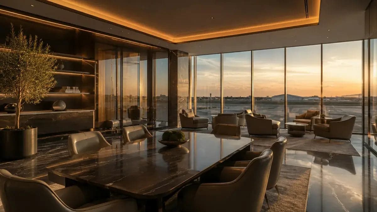 Premium empty airport lounge with multiple seating areas
