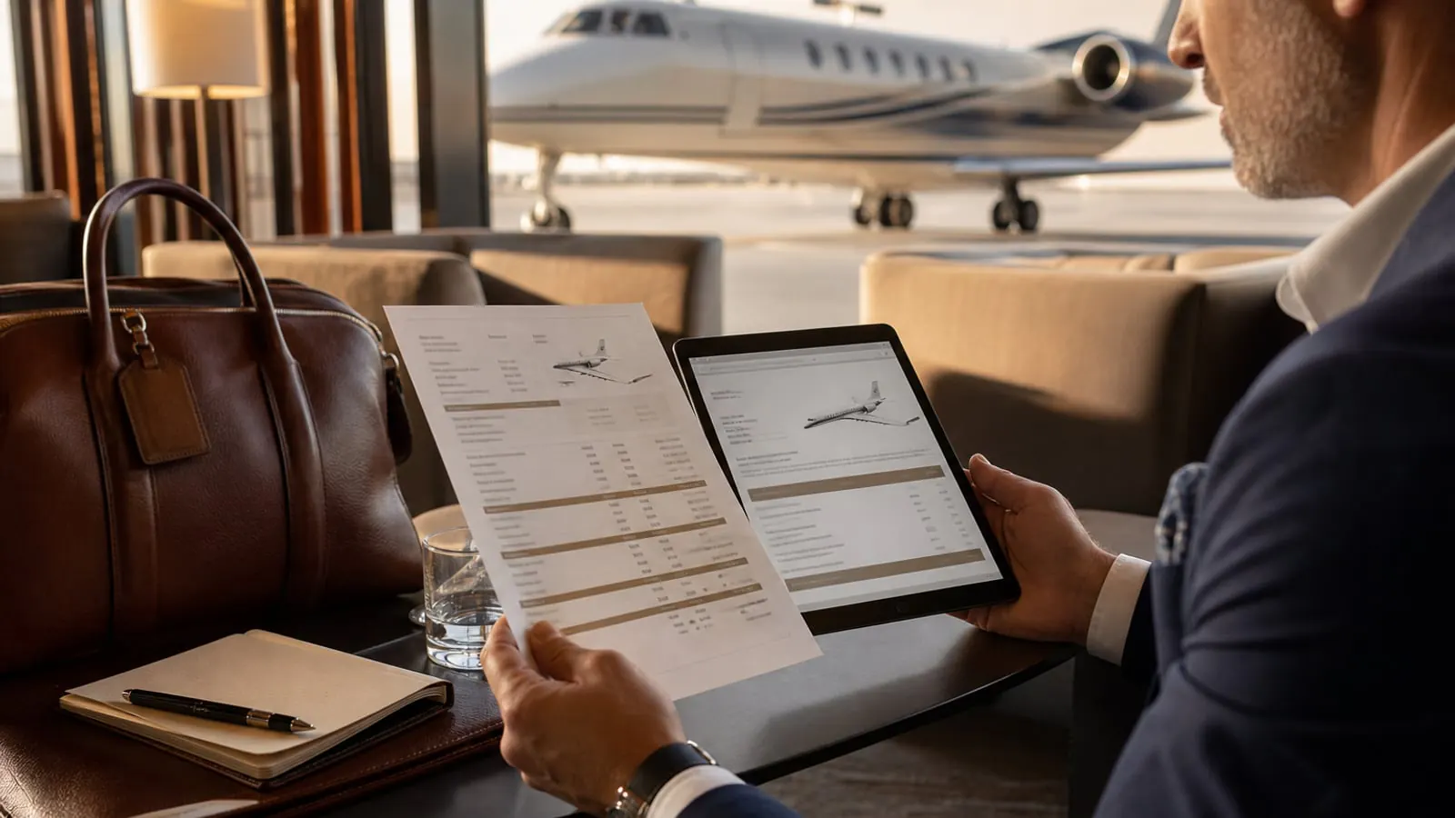 Traveler reviewing a private jet charter quote in an FBO lounge with aircraft outside