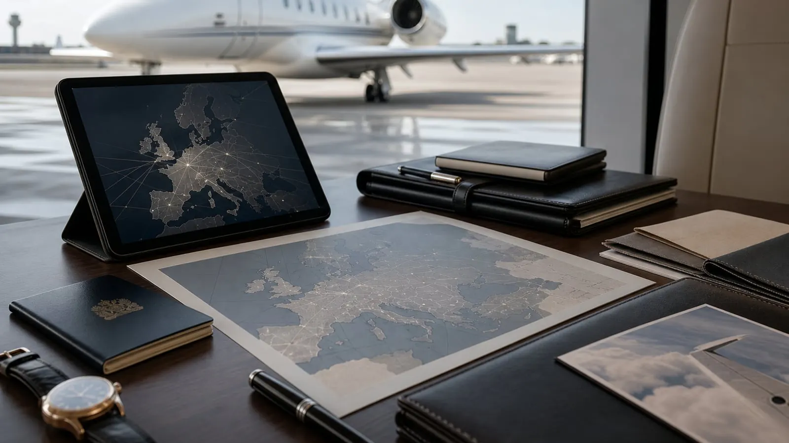 European private jet cost planning scene with route map, tablet and aircraft outside