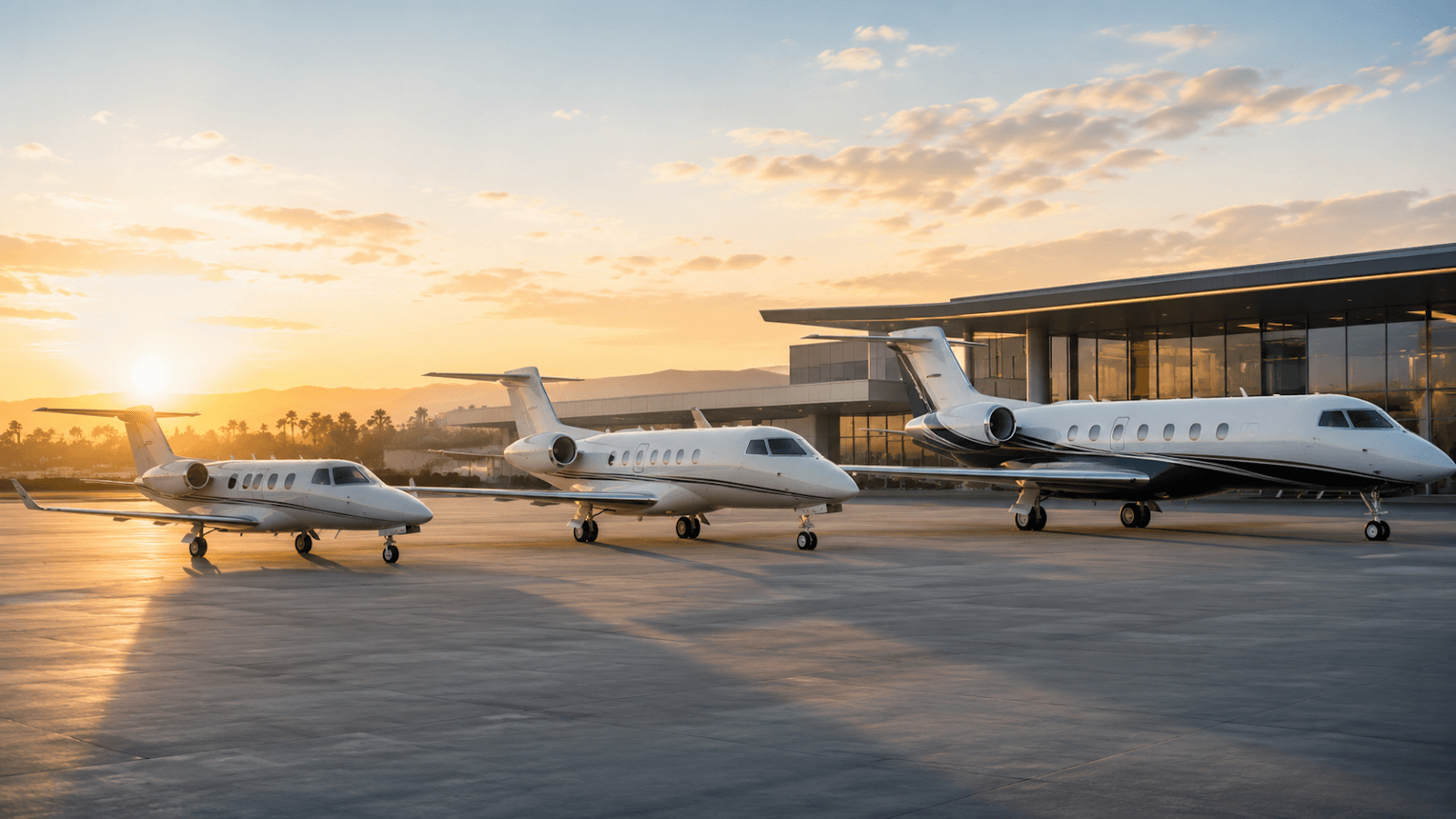 Private jets of different sizes illustrating rental price tiers at a modern terminal