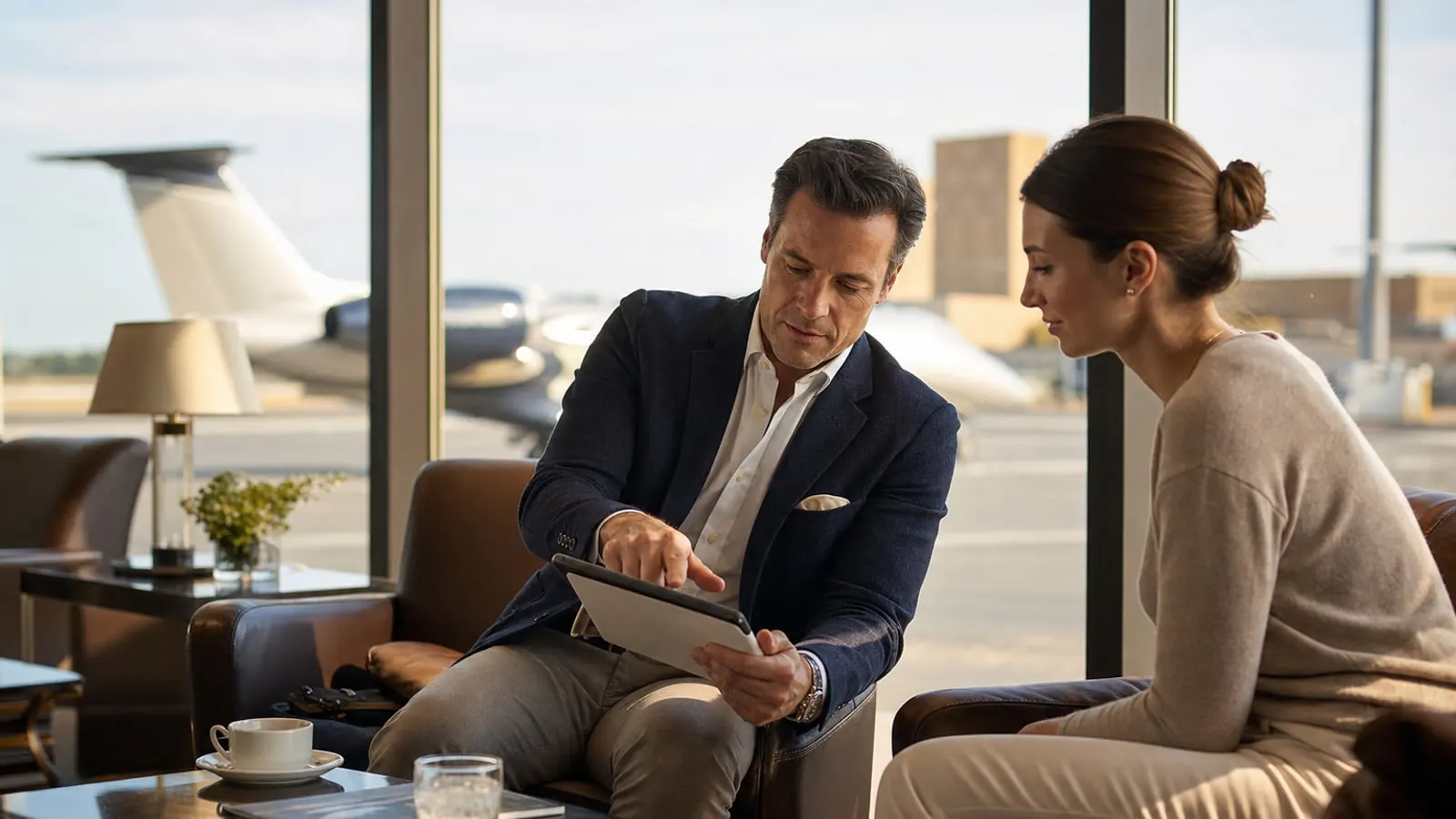 Private aviation advisor reviewing charter options with a traveler in an elegant FBO lounge