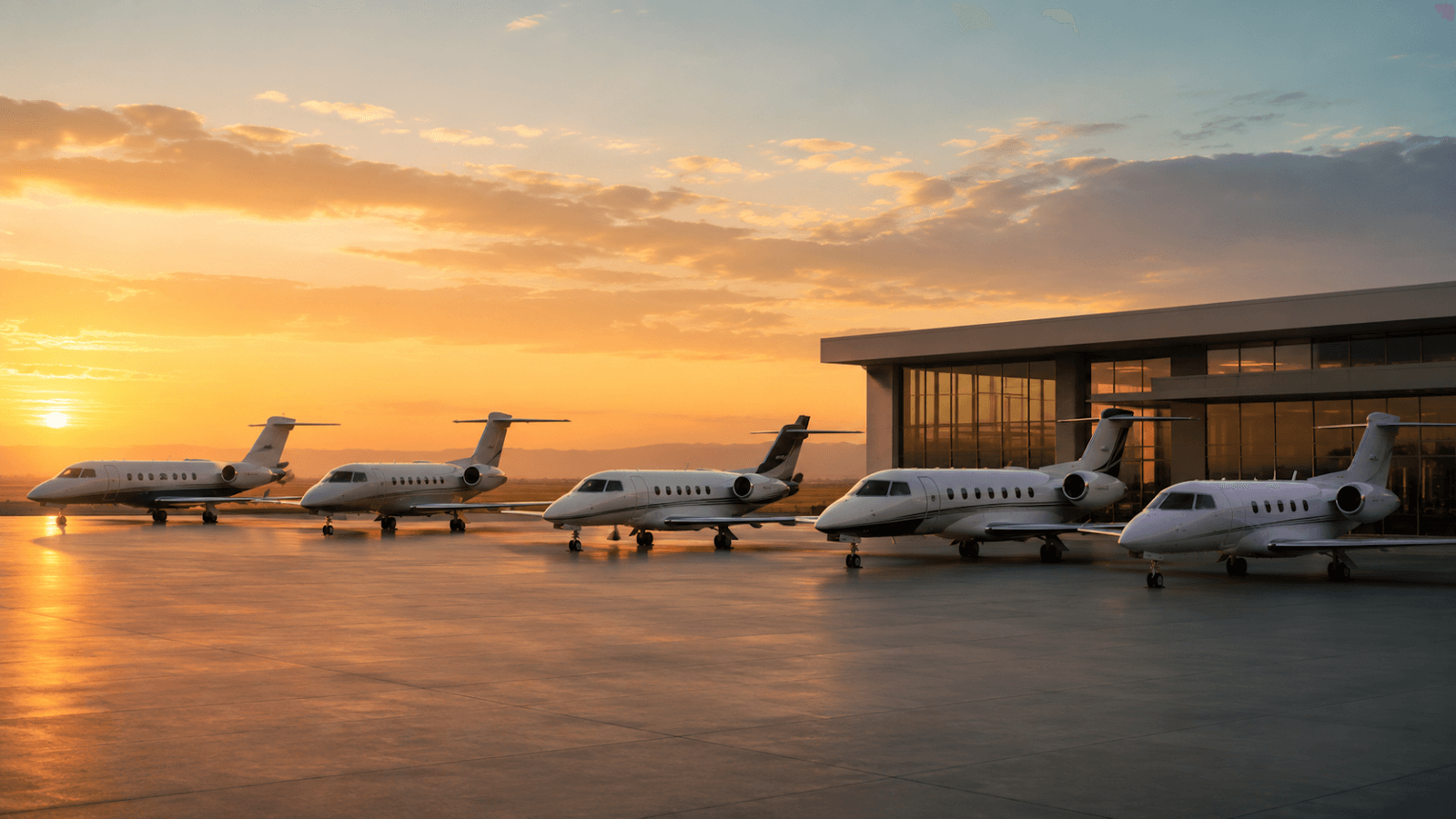 Private jet fleet outside a modern FBO for comparing charter companies