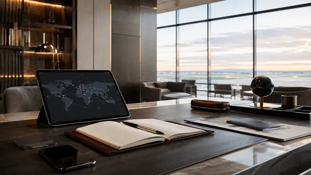 Premium flight planning workspace overlooking an airfield