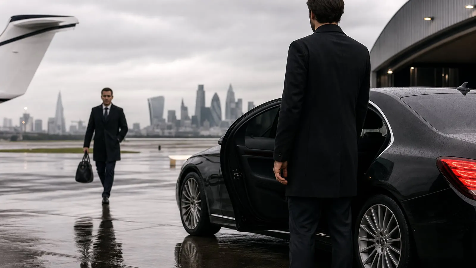 London private aviation arrival with chauffeur car, wet apron and city skyline in the distance
