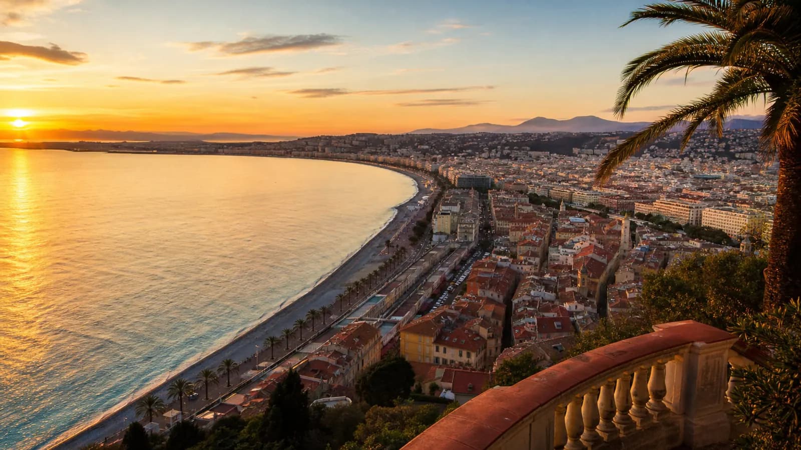 Golden-hour panorama of Nice and the Promenade des Anglais on the French Riviera