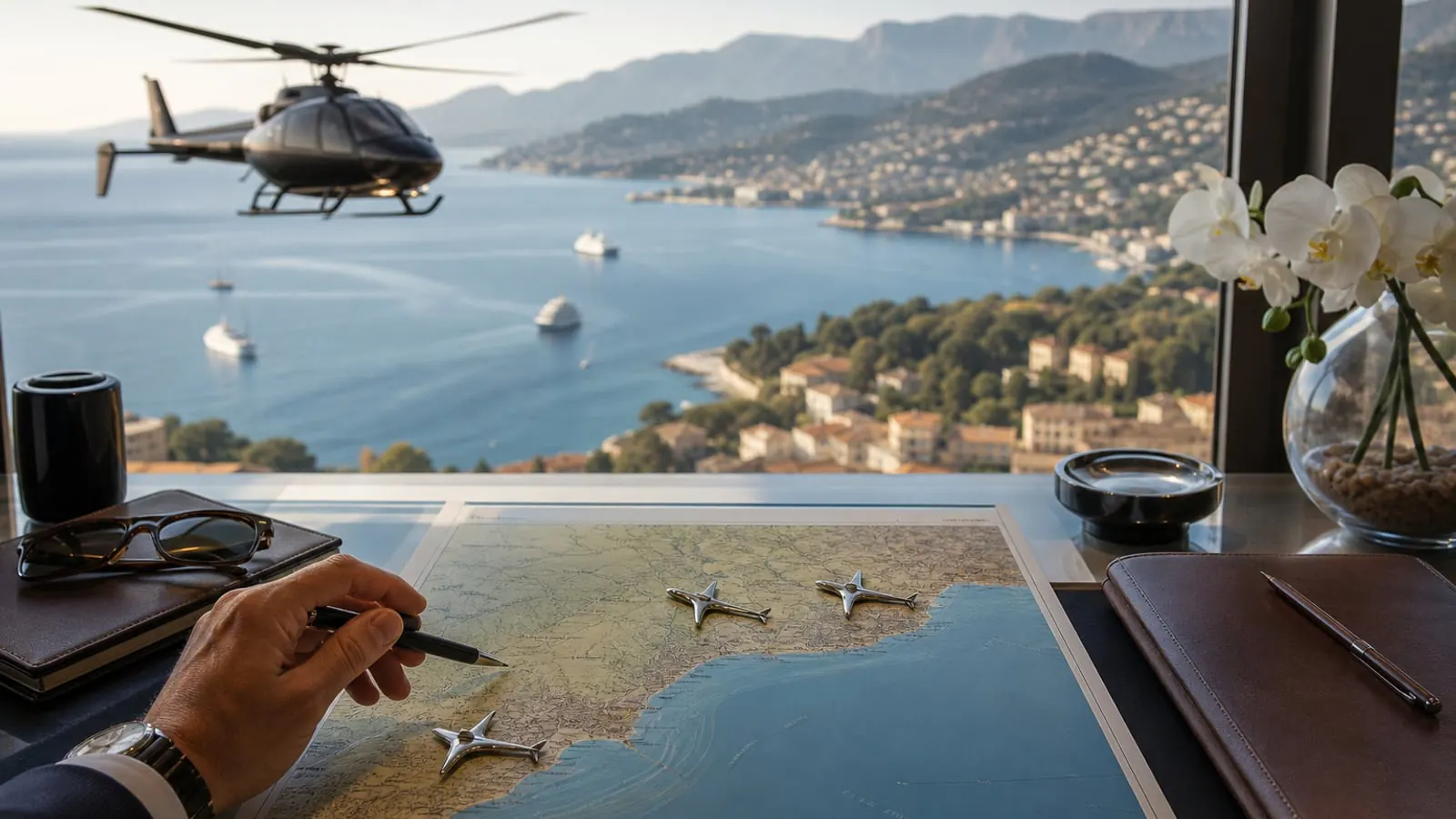 French Riviera airport planning scene with helicopter transfer, coastline view and regional map