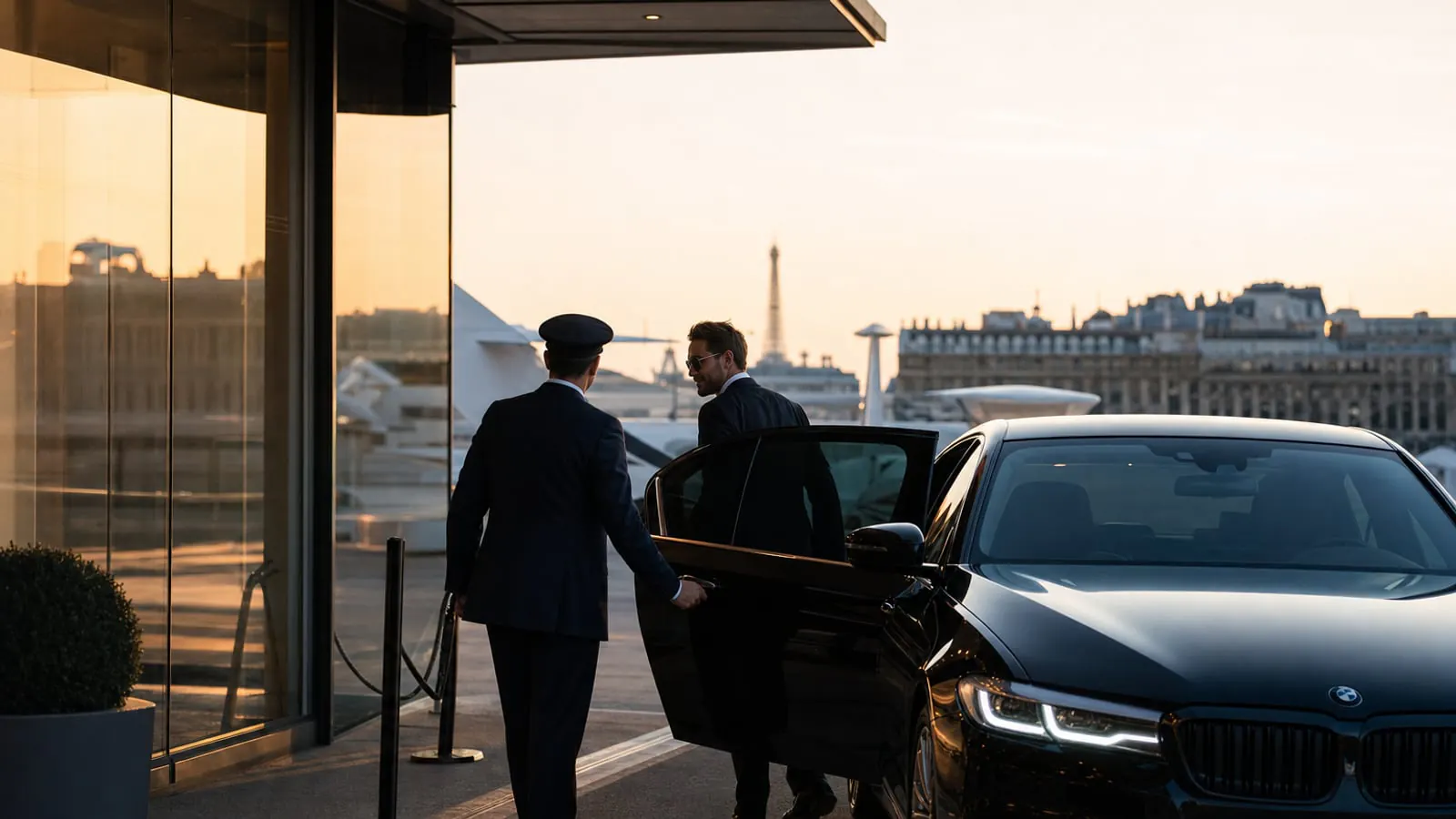 Paris private terminal arrival with chauffeur transfer and the Eiffel Tower skyline at golden hour