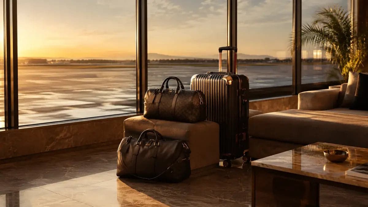 Premium travel luggage in an empty airport lounge at golden hour