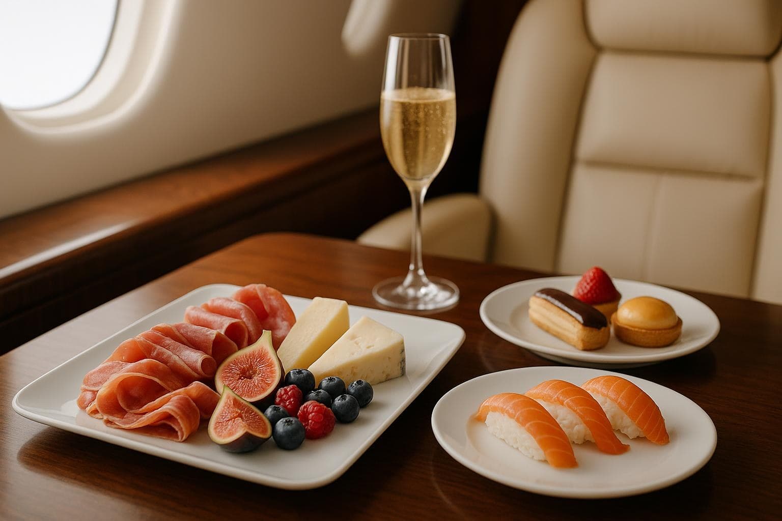 Cold gourmet catering platter with charcuterie, cheese, figs, sushi and champagne on a private jet cabin table by the window
